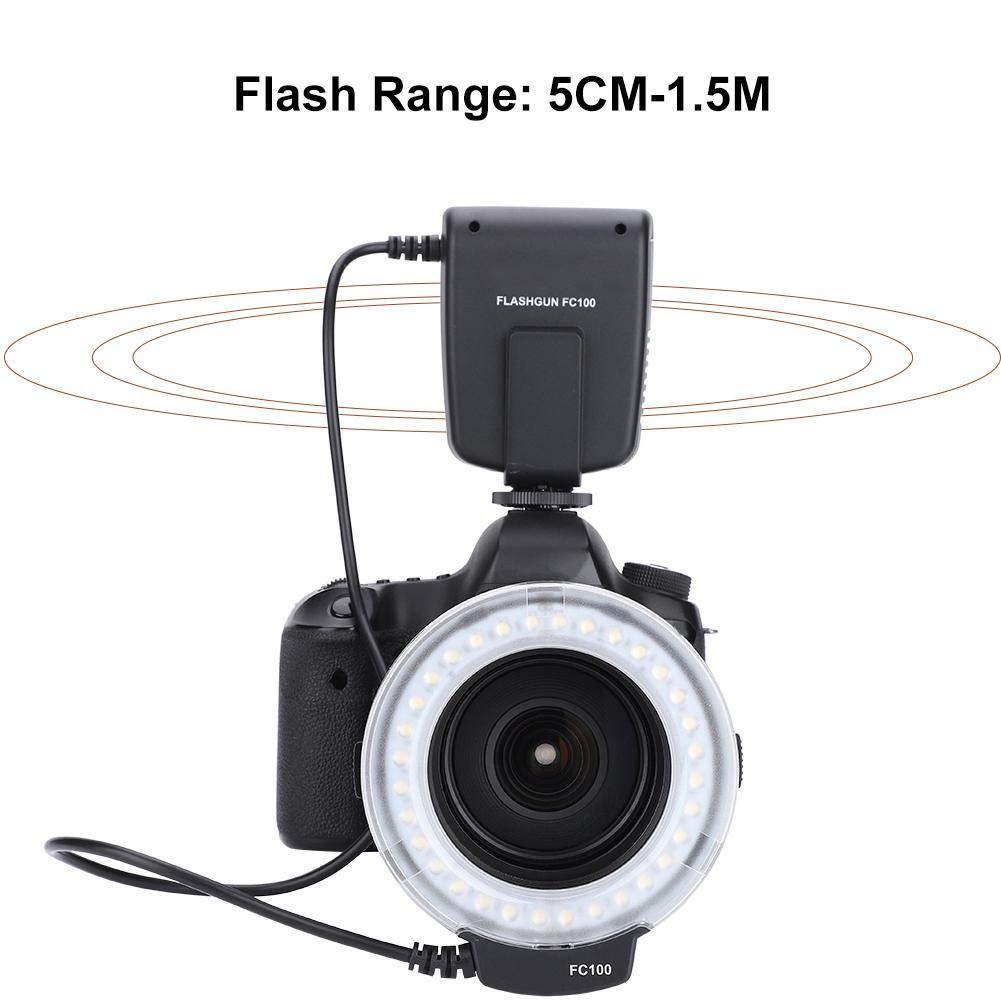 FC-100 Portable LED Macro Ring Flash 5500K Adjustable Brightness Speedlite with 8 Adapters - Camera Fill Light Kit for Canon & Nikon DSLR - Perfect for Macro Photography, Product Shooting & Video Lighting