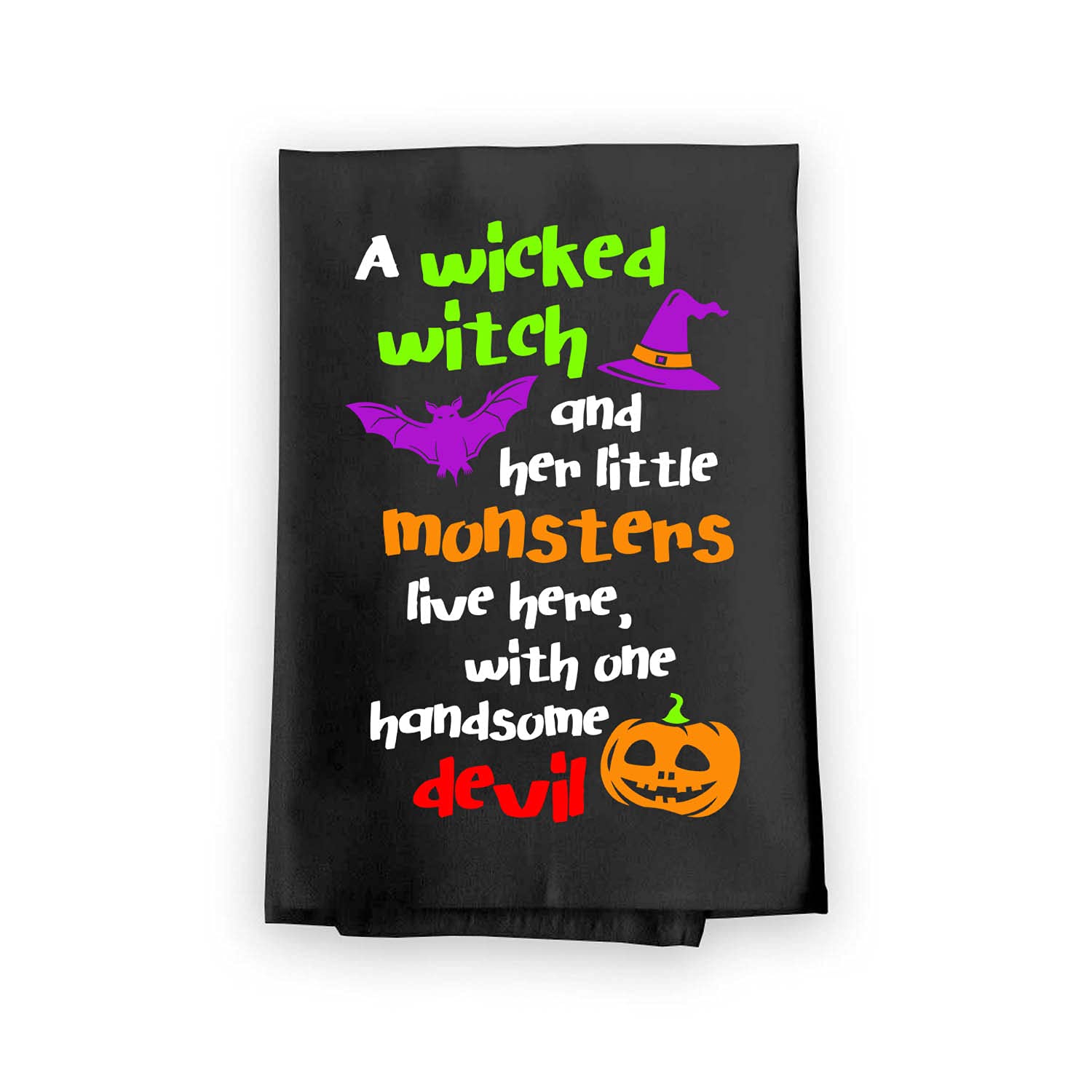 Halloween Kitchen Towels - 27x27 Inch Cotton Flour Sack Towel with Wicked Witch, Monsters & Devil Design - Perfect for Halloween Decor, Kitchen & Party Gifts (Honey Dew Gifts #10650B)