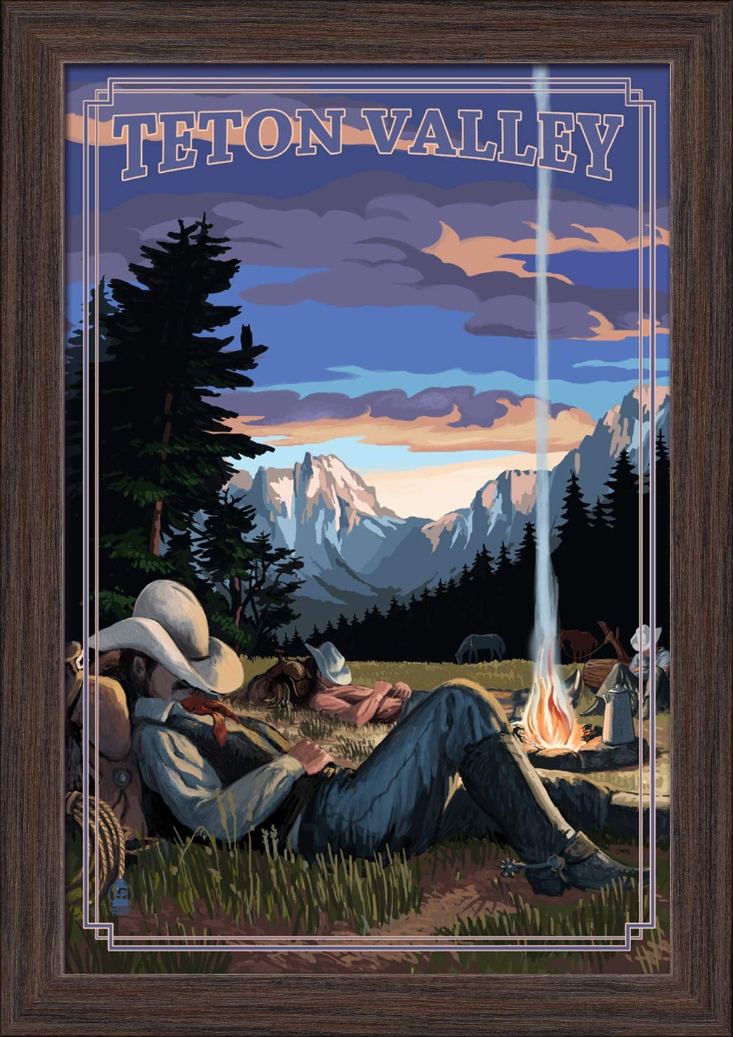 Teton Valley Idaho Cowboy Camping Night Scene - 12x18 Giclee Fine Art Print with Recycled Wood Frame in Espresso Brown - Perfect for Western Home Decor, Cabin Wall Art & Ranch Style Living Rooms