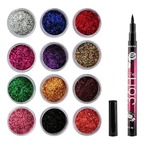 ClubComfort 12 Multicolor Shimmery Glitter Powder & 36-Hour Black Eyeliner Pen Set - Long-Lasting Sparkly Eye Makeup for Parties, Festivals & Special Occasions