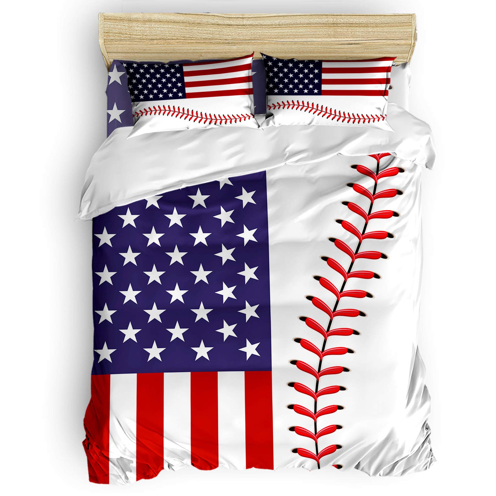 Soft Washed American Flag Baseball Duvet Cover Set with Zipper Closure - Queen Size Bedding for Patriotic Home Decor & Sports Fan Gift