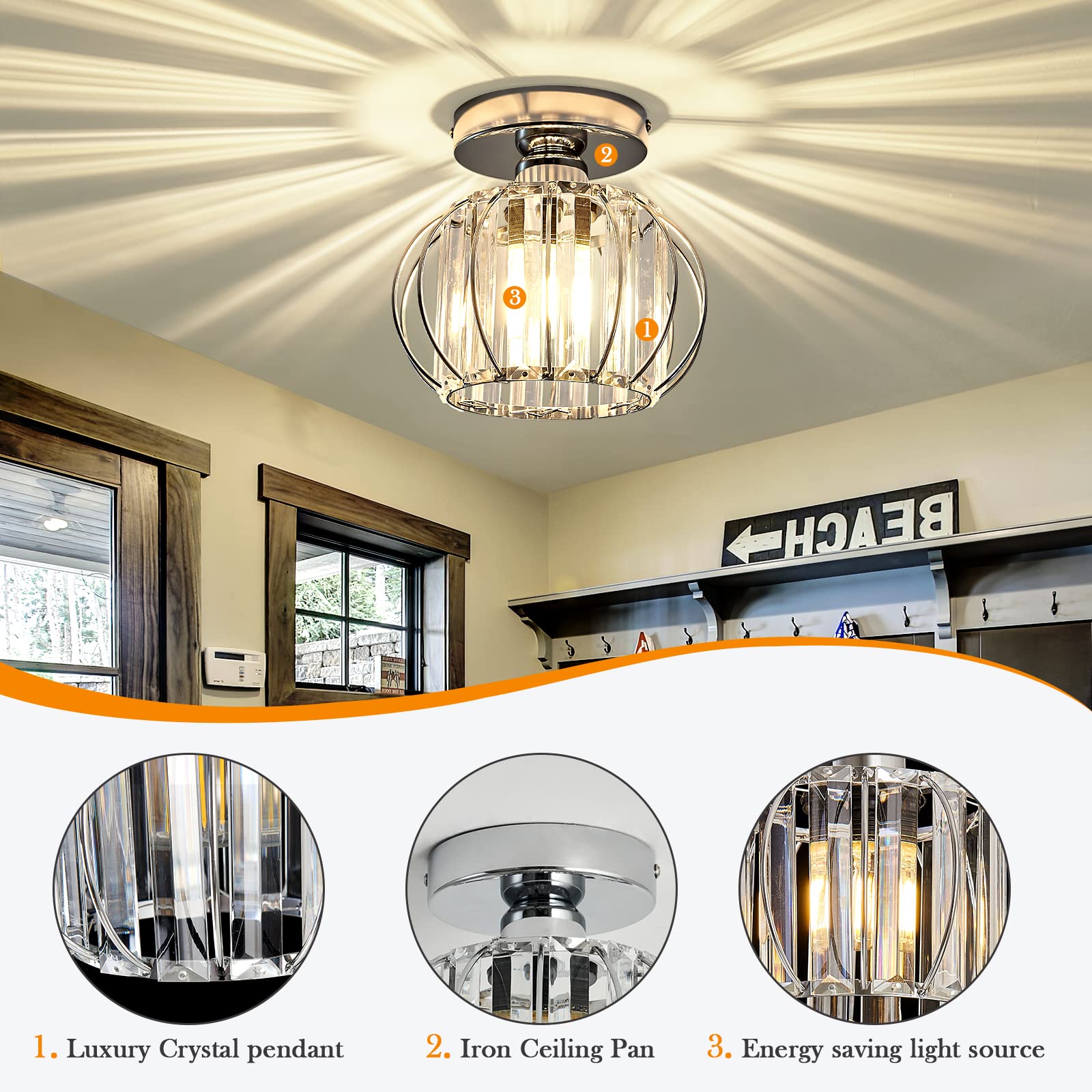 Modern Semi Flush Mount Ceiling Light Fixture - E26 Mini Crystal Chandelier in Chrome/Silver - Small Ceiling Lamp for Entryway, Bedroom, Bathroom, Hallway, Closet & Foyer - Perfect for Home Decor, Apartment Lighting & Interior Design