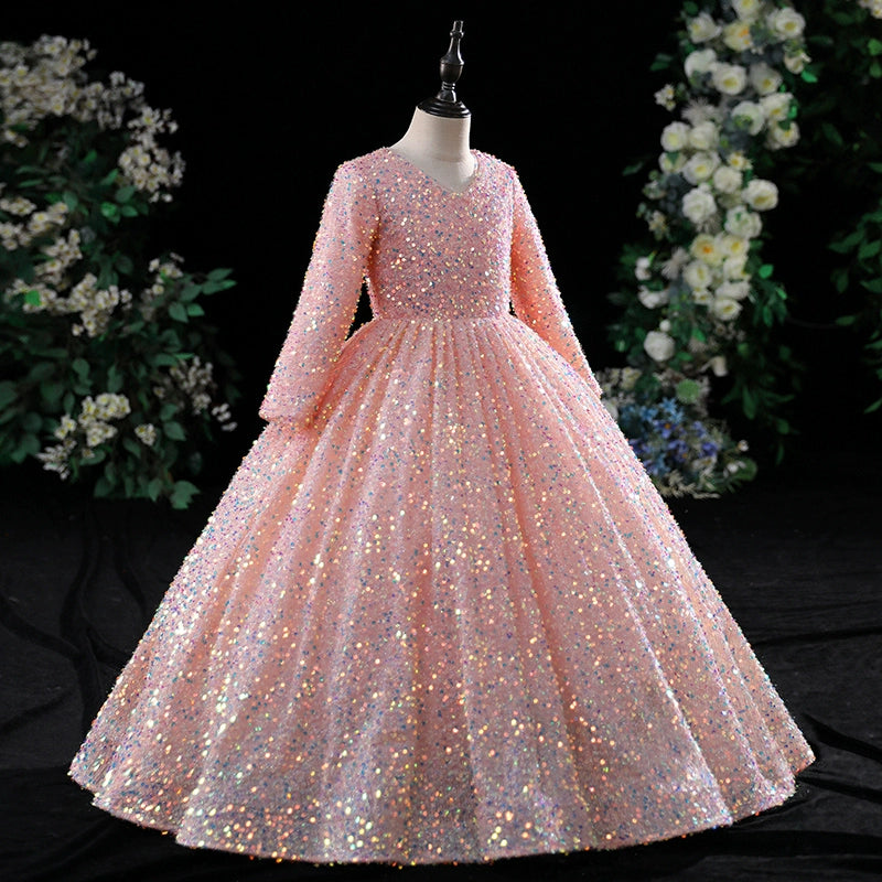 Elegant Baby Girl Long Sleeve Sequined Puff Princess Dress - Toddler Pageant Dress for Birthday Party, Photo Shoot & Special Occasions