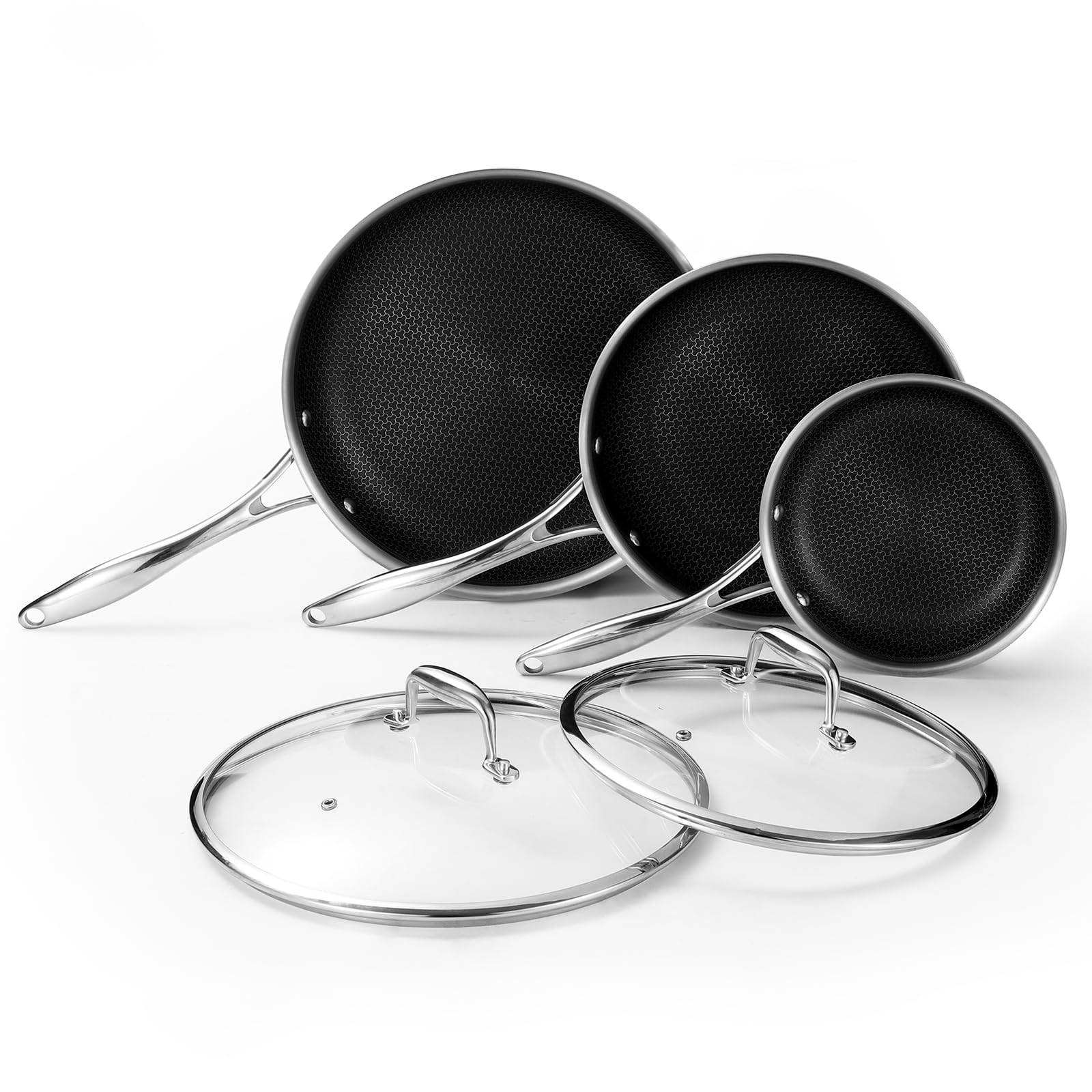 Premium 5-Piece Nonstick Fry Pan Set - 8, 10 & 12-Inch Hybrid Skillets with Glass Lids & Stay-Cool Handles | PFOA-Free, Dishwasher & Oven Safe | Compatible with All Cooktops | Perfect for Sautéing, Frying & Everyday Cooking