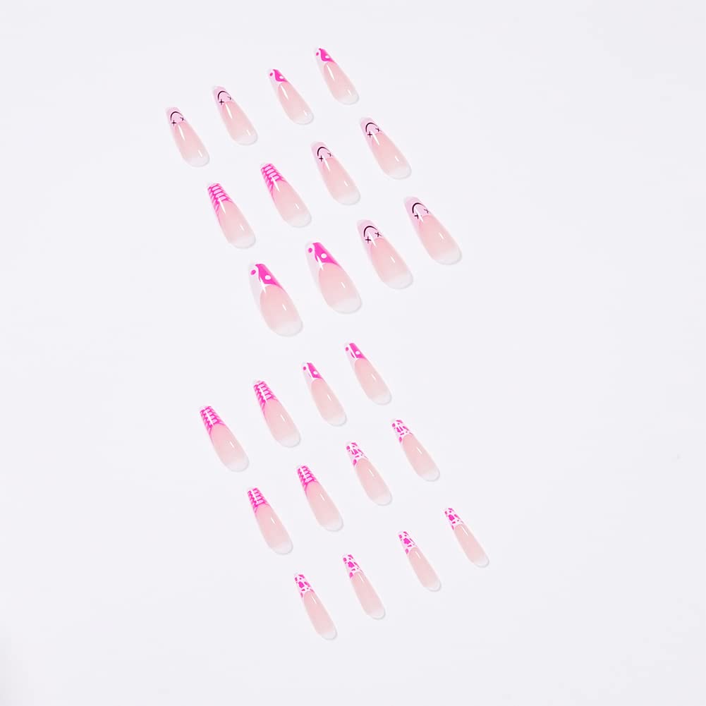 24Pcs Long Coffin Press on Nails - Glossy Ballerina Fake Nails with Square Smile Design, Full Cover Clip on False Nails for Women & Girls (Hot Pink) | Perfect for Parties, Weddings, Date Nights & Special Occasions