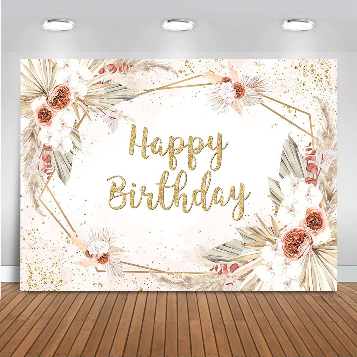 Boho Happy Birthday Backdrop - Pink Pampas Grass with Golden Dots Bohemian Vinyl Photo Booth Background for Women's Party Decor, Cake Table & Photoshoot Props (7x5ft) - Perfect for Birthday Celebrations, Baby Showers & Bridal Showers