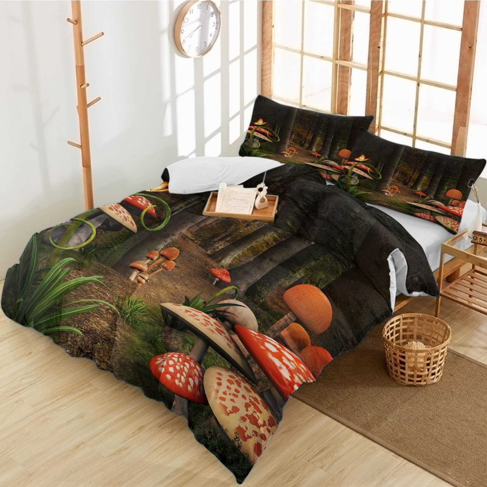 ZFUNCING 3-Piece Full Size Duvet Cover Set - Mushroom Magic Forest Design, Ultra Soft Microfiber Bedding with Pillowcases, Cartoon Fairy Tale Fantasy Art Quilt Cover - Perfect for Kids' Bedroom, Guest Room & Cozy Home Decor