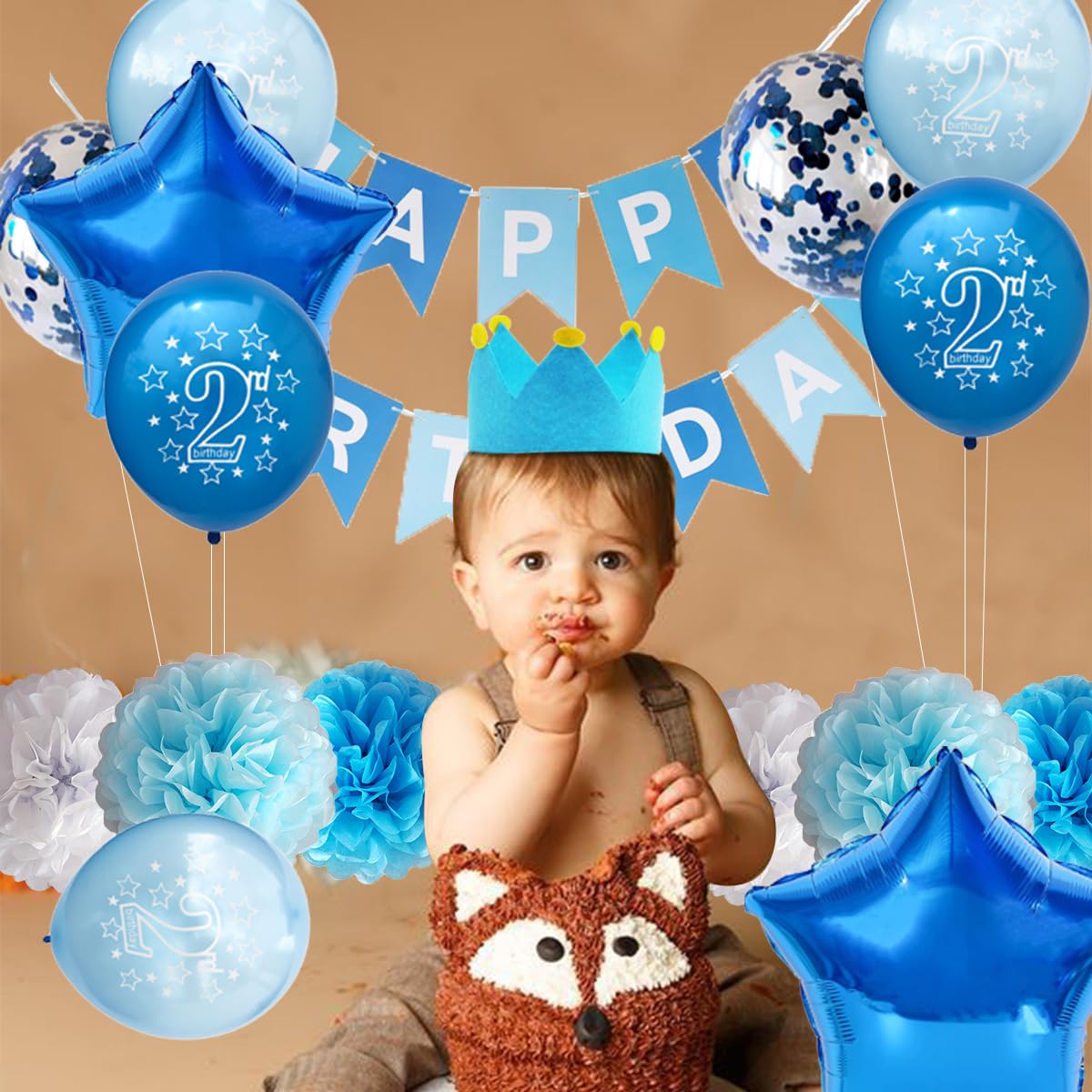 Blue 2nd Birthday Party Decorations for Boys - Prince Theme 2nd Birthday Party Supplies for Cake Smash, Photo Backdrop & Balloon Garland