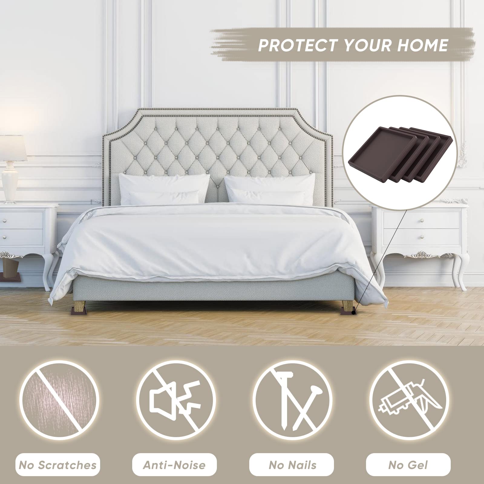 4Pcs 3.5 Inch Brown Rubber Non-Slip Furniture Coasters - Heavy Duty Bed Leg Pads & Floor Protectors for Hardwood Floors - Perfect for Sofas, Chairs, Tables & Moving Furniture Safely