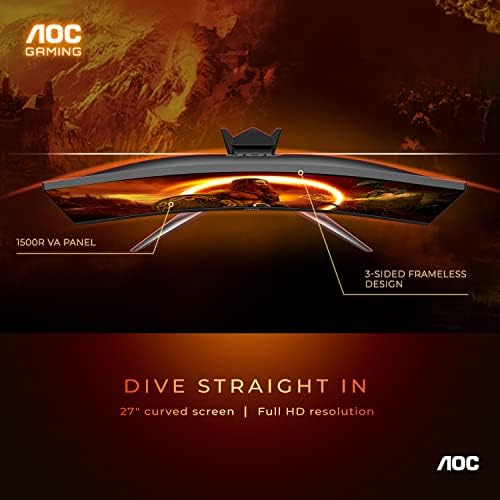 AOC C27G2Z 27-Inch Curved Frameless Gaming Monitor - Full HD 1080p, 240Hz Refresh Rate, 0.5ms Response Time, AMD FreeSync, HDMI 2.0 & DisplayPort, Height Adjustable Stand - Perfect for Xbox, PS5, Switch & PC Gaming, Home Office & Esports