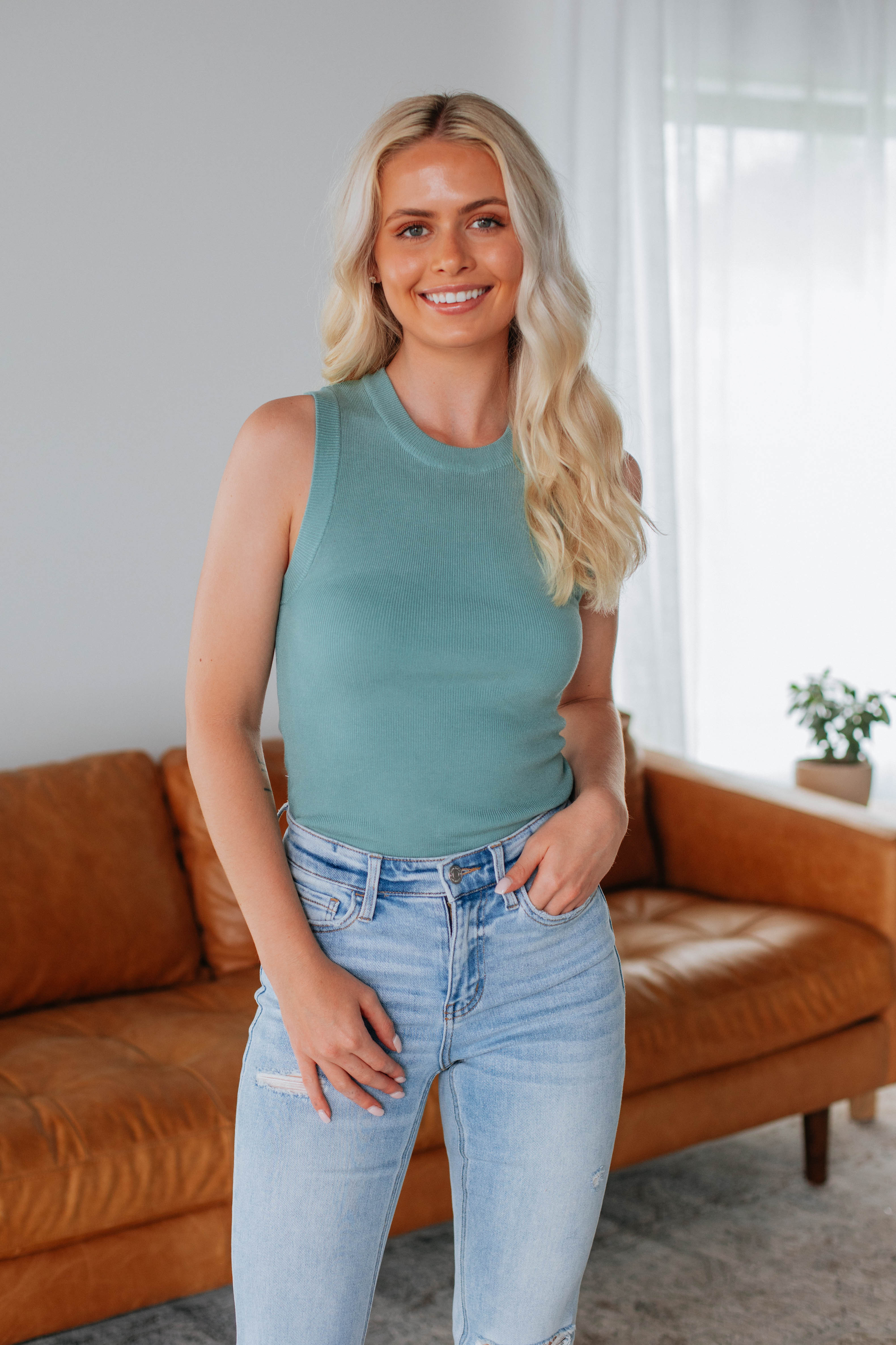 Adrianna Knit Tank Top for Women - Soft Stretch Comfortable Summer Casual Wear in Jade Green | Perfect for Beach, Vacation, and Everyday Outfits