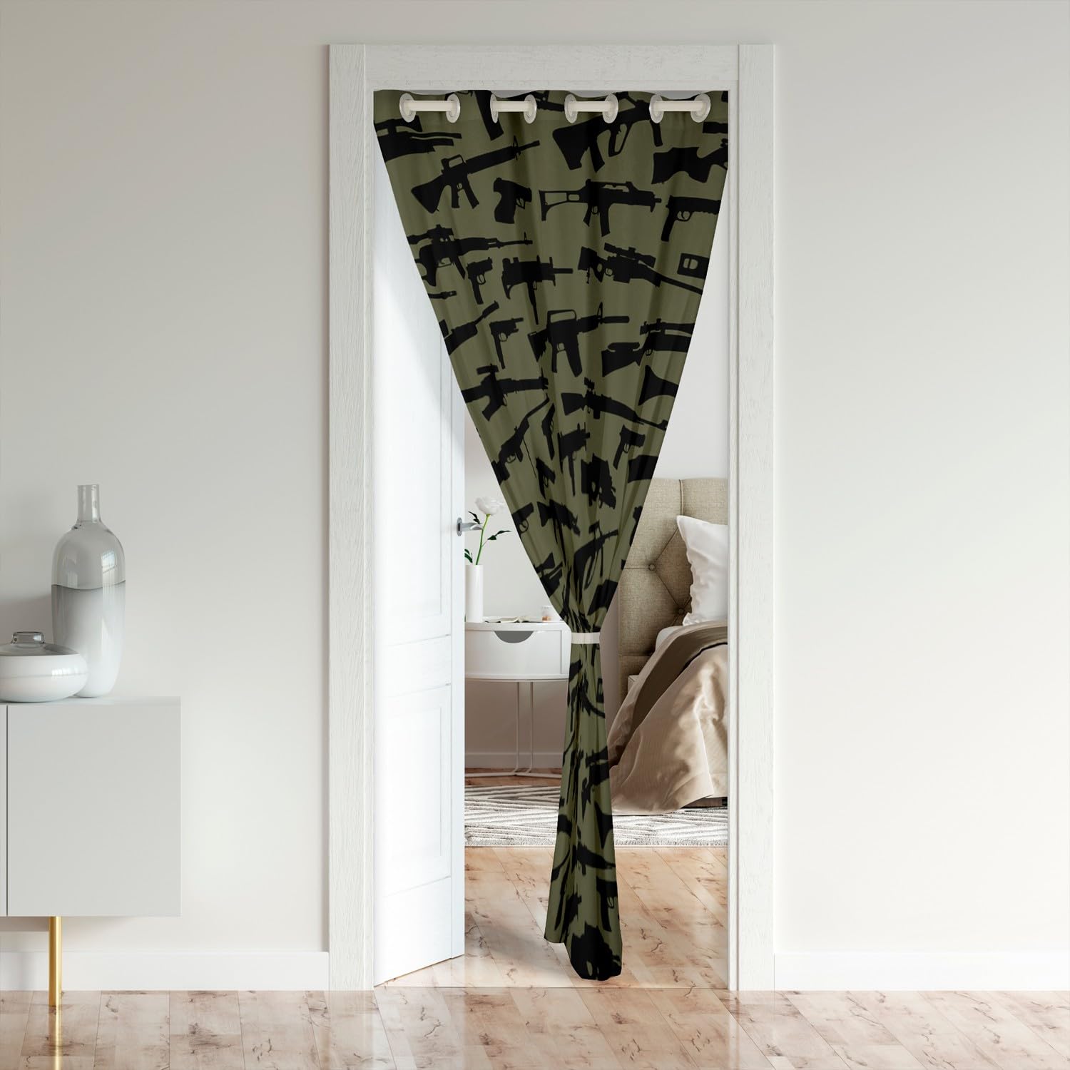 Military Theme Machine Guns Door Curtain for Boys & Men - Army Rifle Pattern Closet Drape 34x80 Inches - Army Green Black Doorway Curtain for Bedroom, Living Room, Game Room & Man Cave Decor