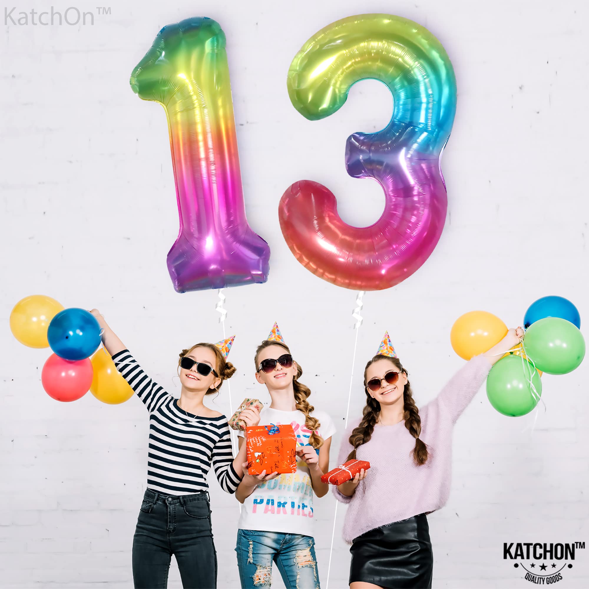 KatchOn Giant Rainbow 13 Balloon Numbers - 40 Inch Large Foil Balloons for 13th Birthday Party Decorations | Rainbow Neon Number Balloons for Girls, Teens, Sweet 16 | Perfect for Birthday Backdrops, Photo Booths, Cake Tables & Room Decor
