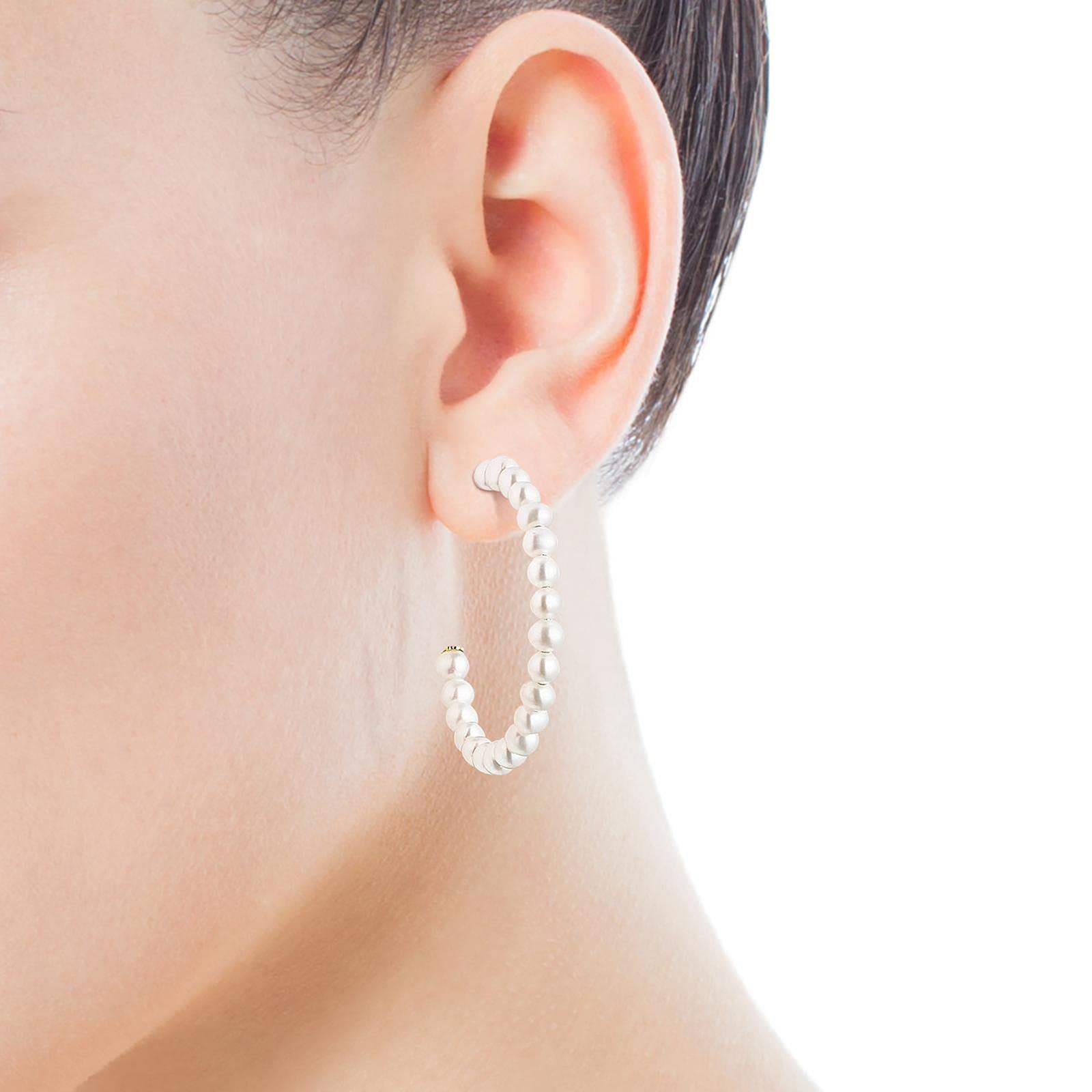 TOUS Gloss Pearl Hoop Earrings for Women - 35mm Gold-Plated Pearl Studded Hoops - Elegant Jewelry Gift for Birthday, Anniversary & Special Occasions
