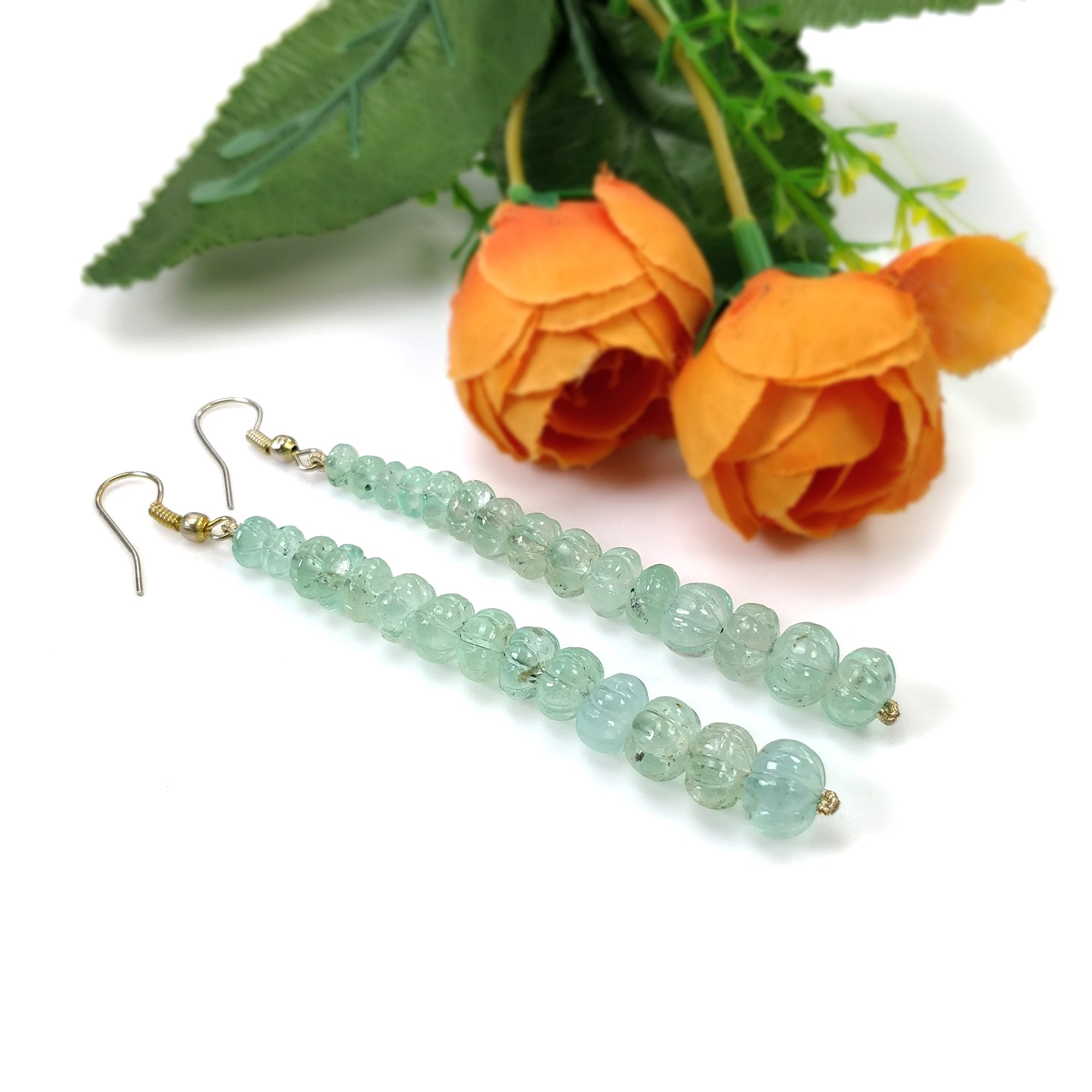 Natural Untreated Emerald Gemstone 925 Sterling Silver Beaded Hook Earrings - 50.10gms with 3.30ct Melon Beads | Elegant Jewelry for Women, Perfect for Weddings, Parties & Special Occasions