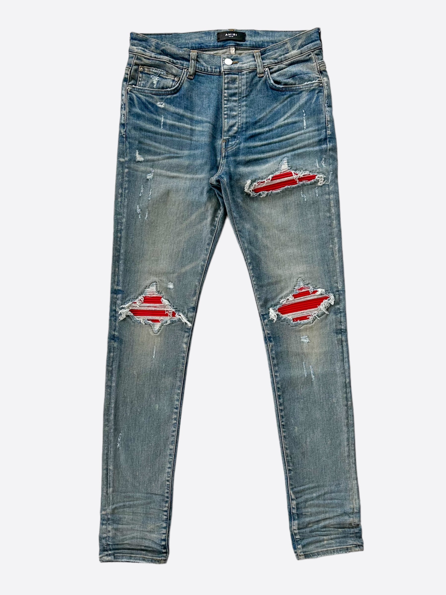 Amiri MX1 Jeans for Men - Blue & Red Patch Distressed Denim Pants | Stylish Slim Fit Skinny Jeans for Casual Wear & Night Out