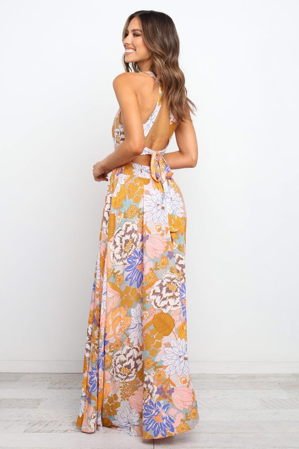 Women's Summer Floral Maxi Dress - Orange Boho Backless Lace-Up Sleeveless Long Dress for Beach, Vacation & Outdoor Parties