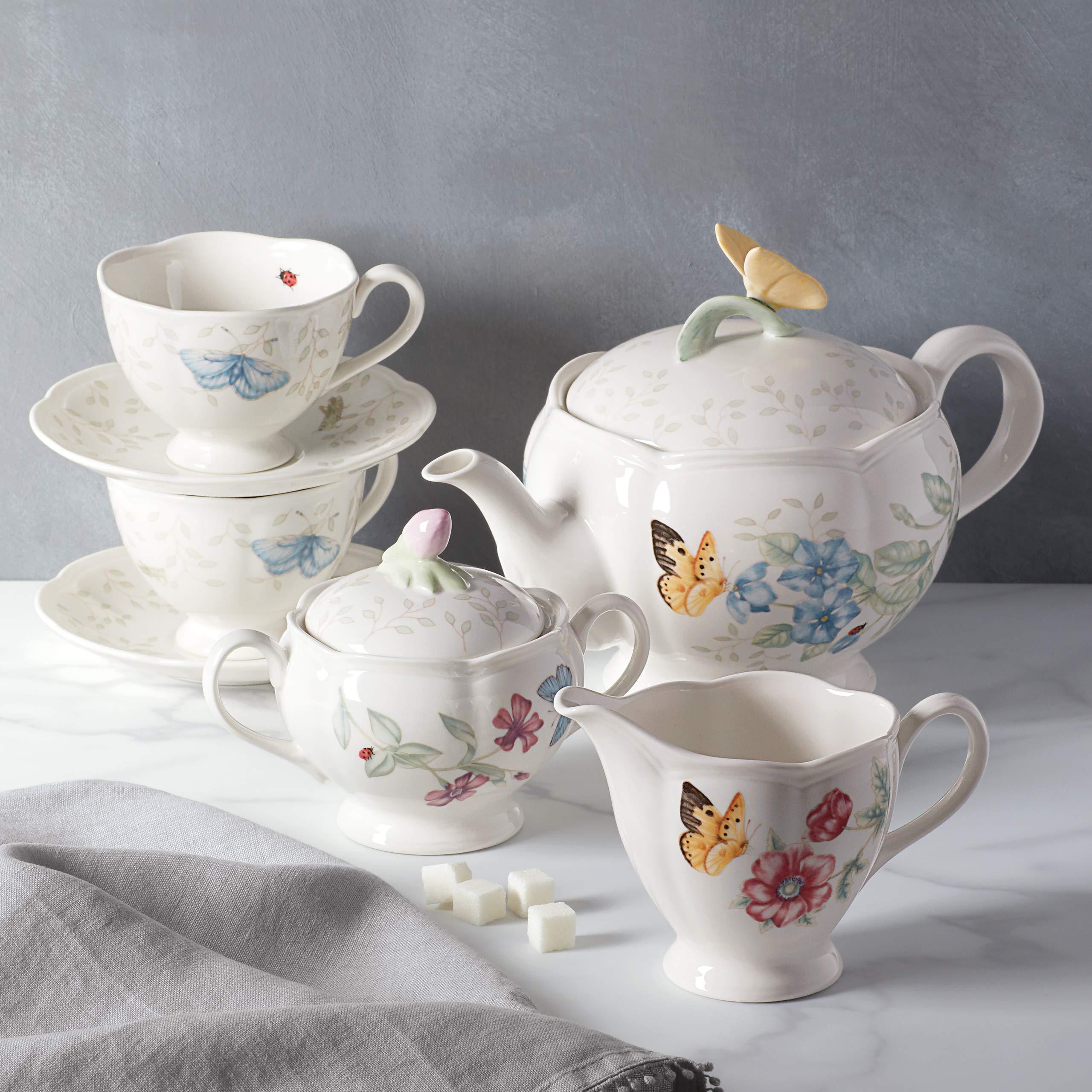 Lenox Butterfly Meadow 8-Piece Tea Set for 2, Porcelain White Floral Tea Cups & Saucers - Perfect for Afternoon Tea, Bridal Shower & Mother's Day Gifts
