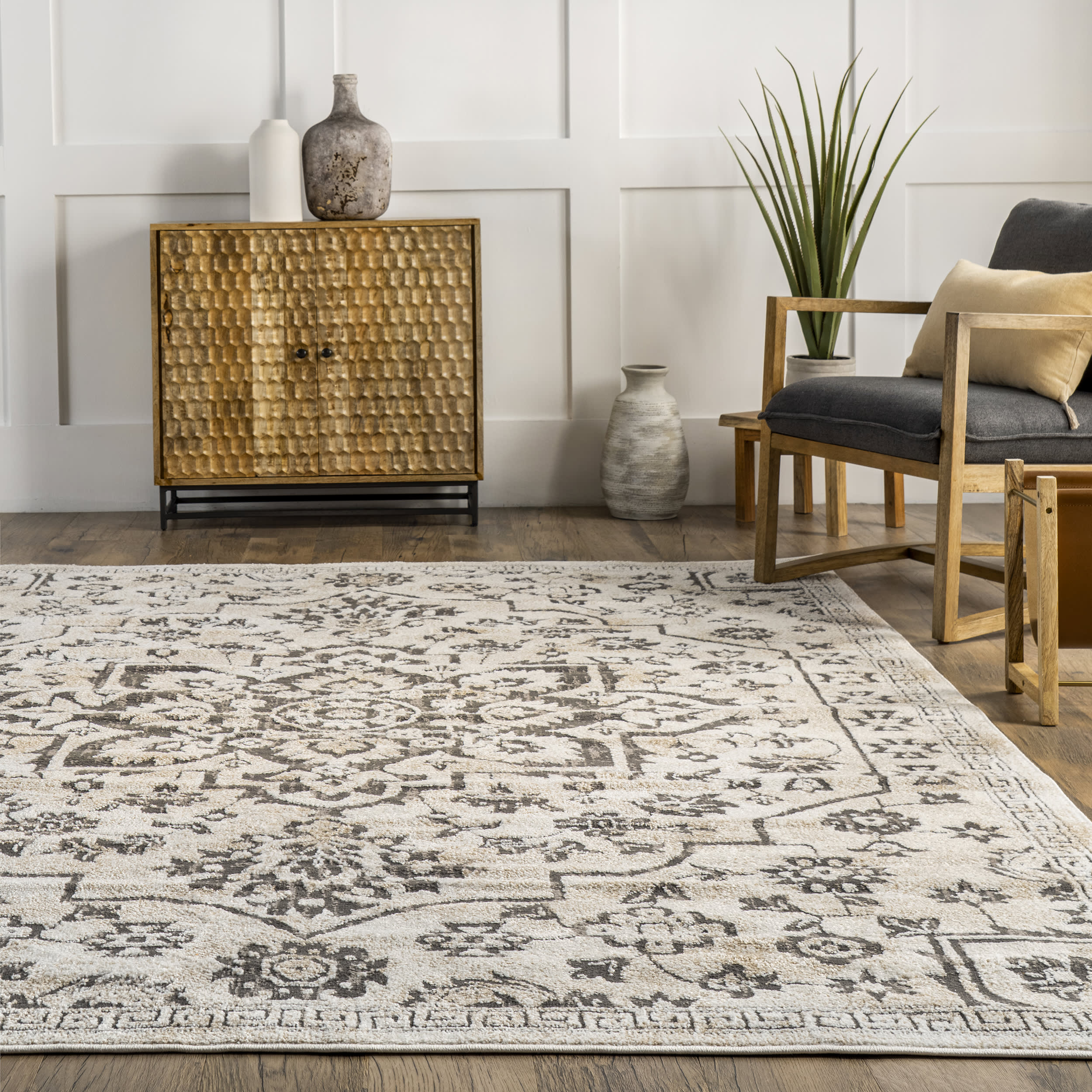 Francine Blooming Medallion Rug - Soft Grey Bohemian Area Rug for Living Room, Bedroom & Home Decor