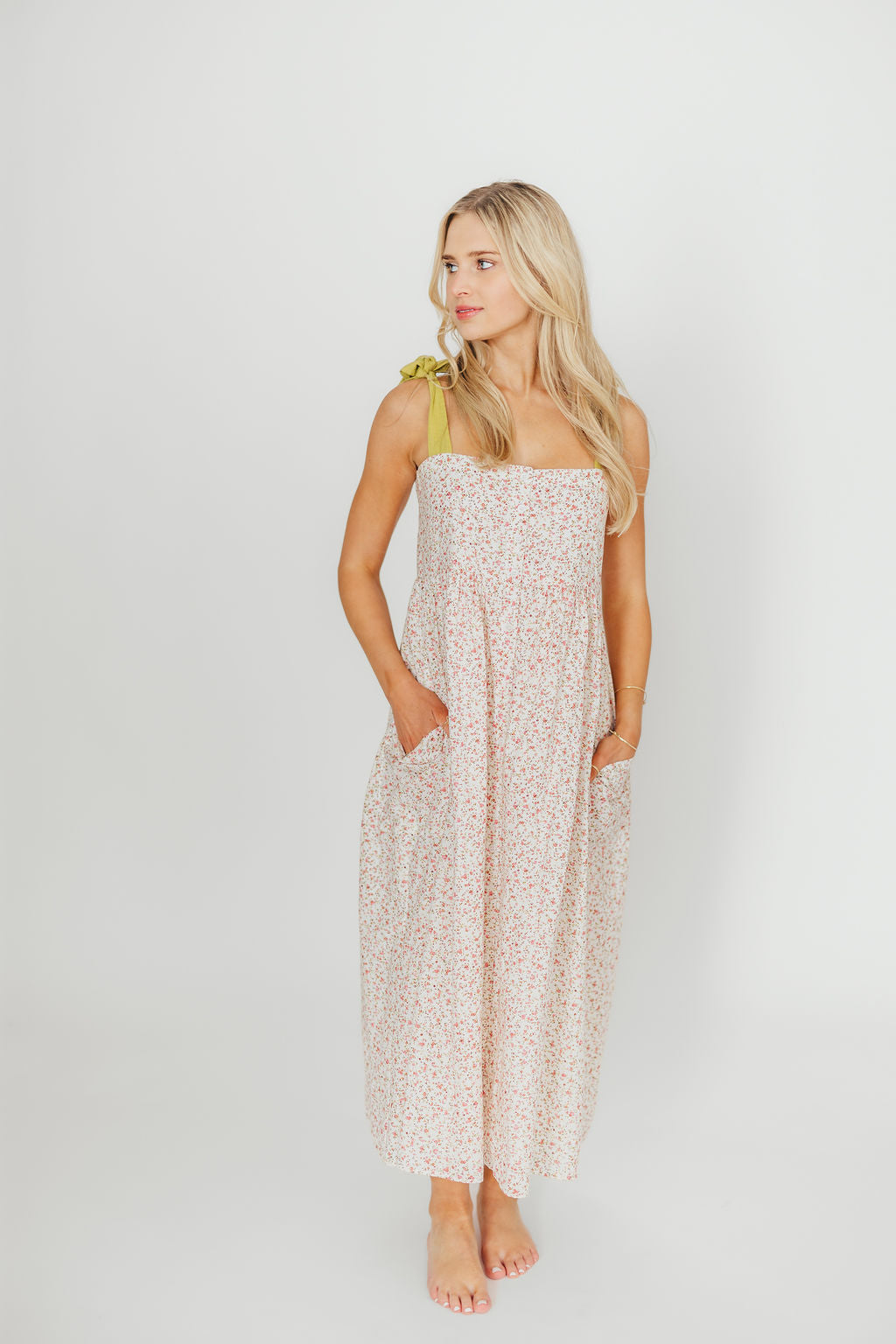 Everest Floral Print Button Down Midi Dress with Bow Tie Strap - Elegant Women's Casual & Party Wear for Office, Date Night & Special Occasions