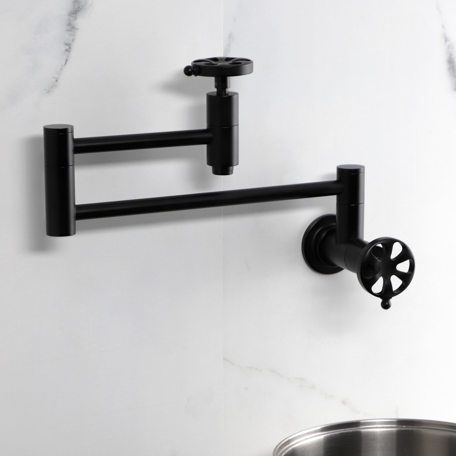 Belknap KS8100RX Matte Black Wall Mount Pot Filler Faucet - Two Handle Commercial Style Kitchen Sink Faucet for Cooking, Filling Pots & Pans - Perfect for Home Chefs & Restaurant Use