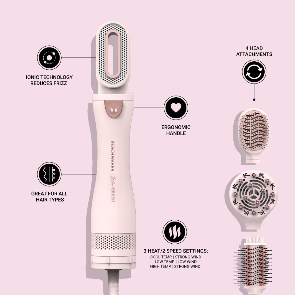 Beachwaver Co. Blow Dryer Brush - Pink & Rose Gold Hair Styling Tool | Hot Air Brush, Hair Dryer & Volumizer Combo | Perfect for Salon-Quality Blowouts at Home | Model BWBLBR02