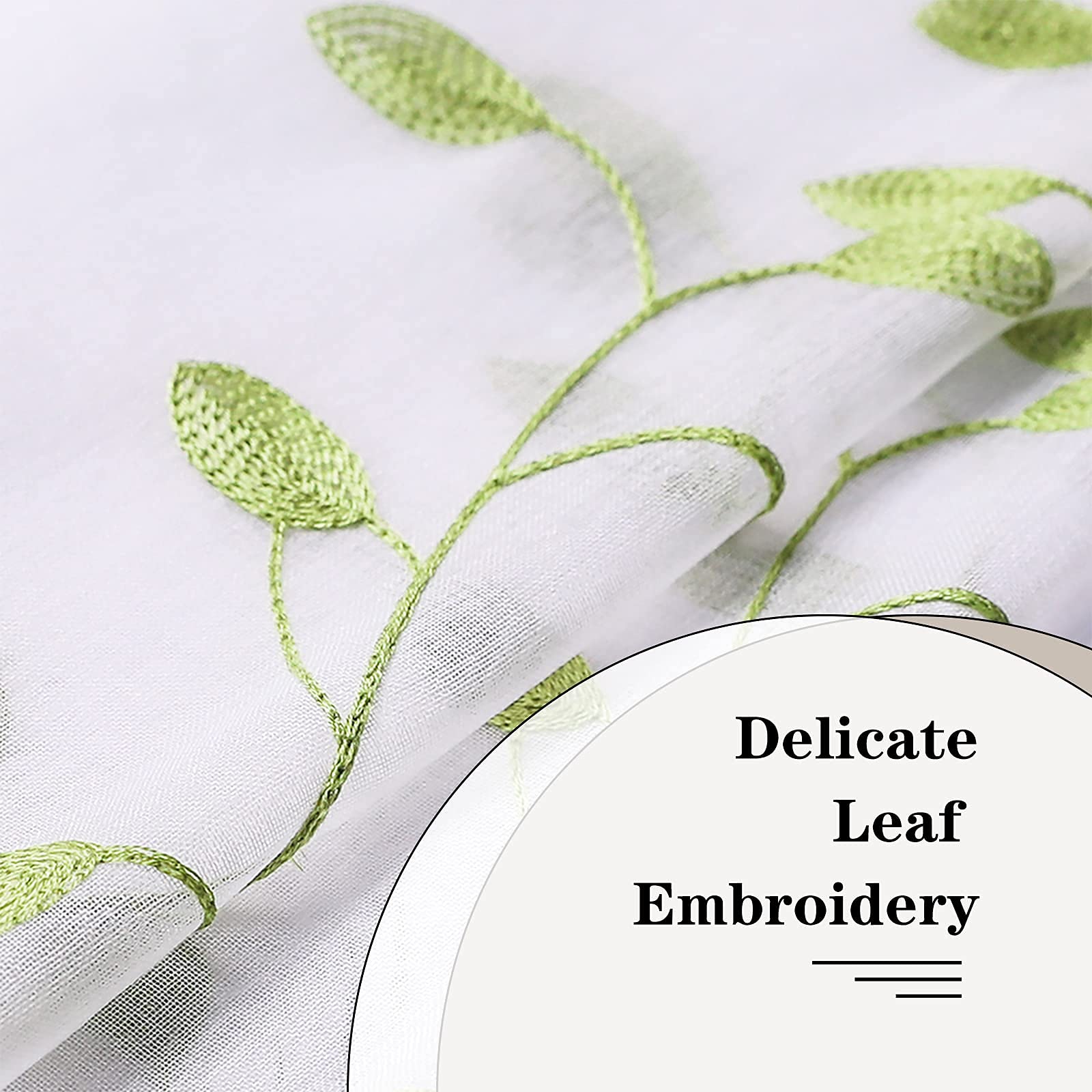 MRTREES Sheer Tier Curtains 30x30 Inches - 2 Panel Set with Rod Pocket, Voile Fabric & Leaf Embroidery for Kitchen, Bathroom, Bedroom Half Windows - Green Leaves Design for Natural Light Filtering & Privacy