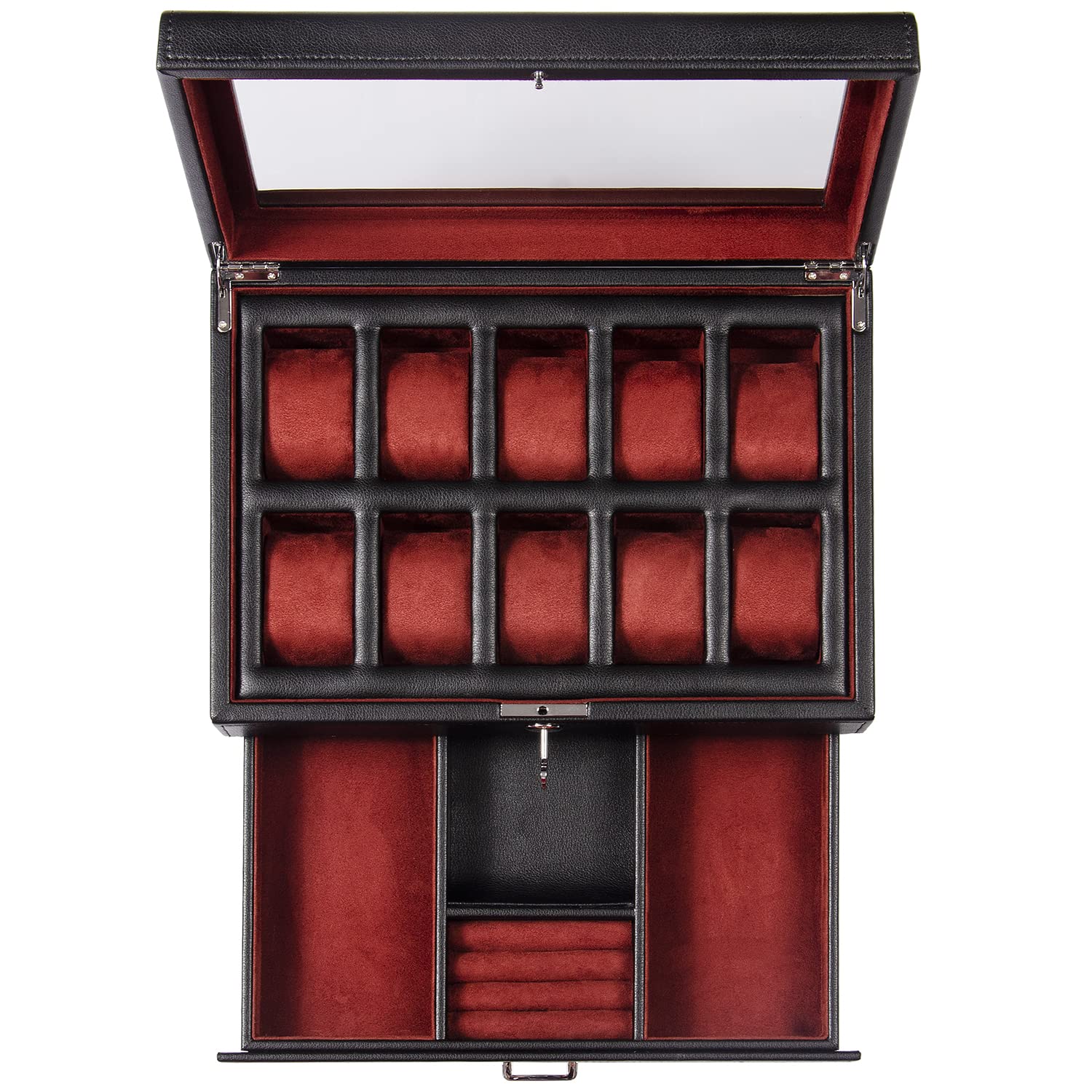 HELMDY 10-Slot Leather Watch Box with Locking Drawer - Luxury Jewelry & Watch Organizer for Men - 2-Tier Display Case for Watch Collection - Perfect for Travel, Gifts & Home Storage (Black)