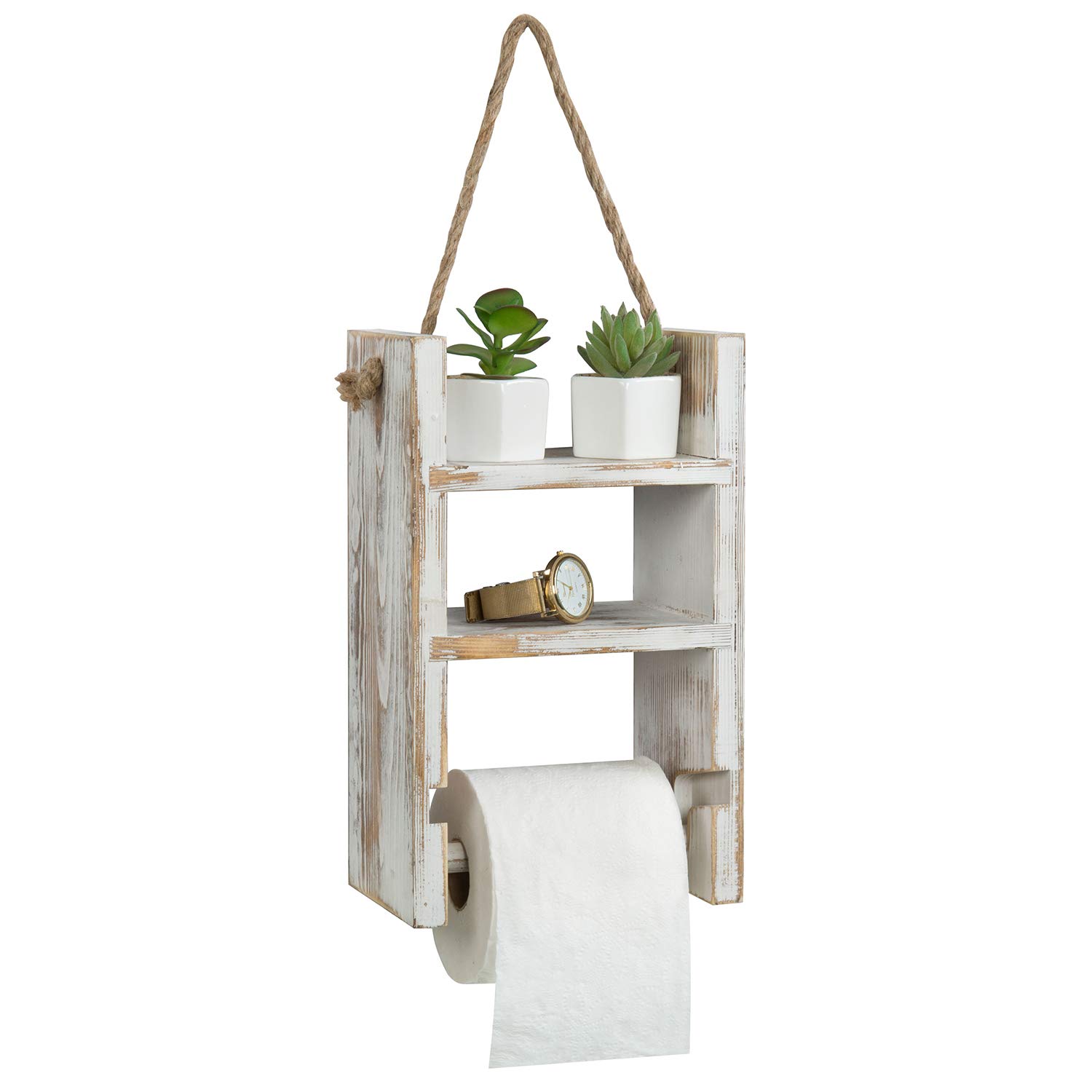 MyGift 2-Tier Hanging Whitewashed Wood Ladder Shelf - Rustic Rope Toilet Paper Holder - Bathroom & Farmhouse Decor for Storage & Organization - Perfect for Small Spaces, Vanity, and Towel Display