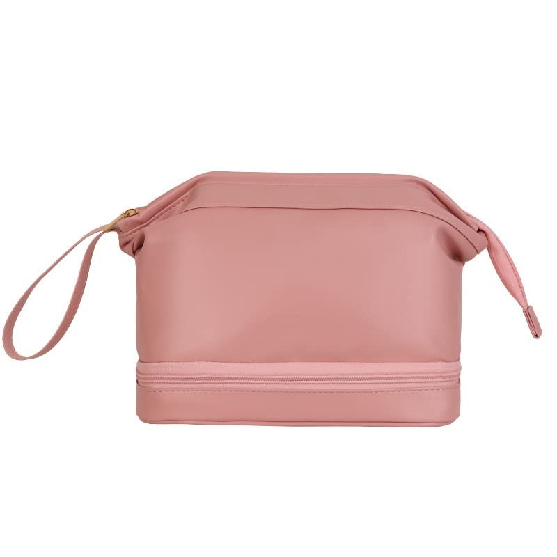 Large Capacity Waterproof Leather Travel Cosmetic Bag for Women - Multifunctional Toiletry Organizer with Skincare Dispenser (Double Pink) | Perfect for Travel, Gym, and Daily Makeup Storage