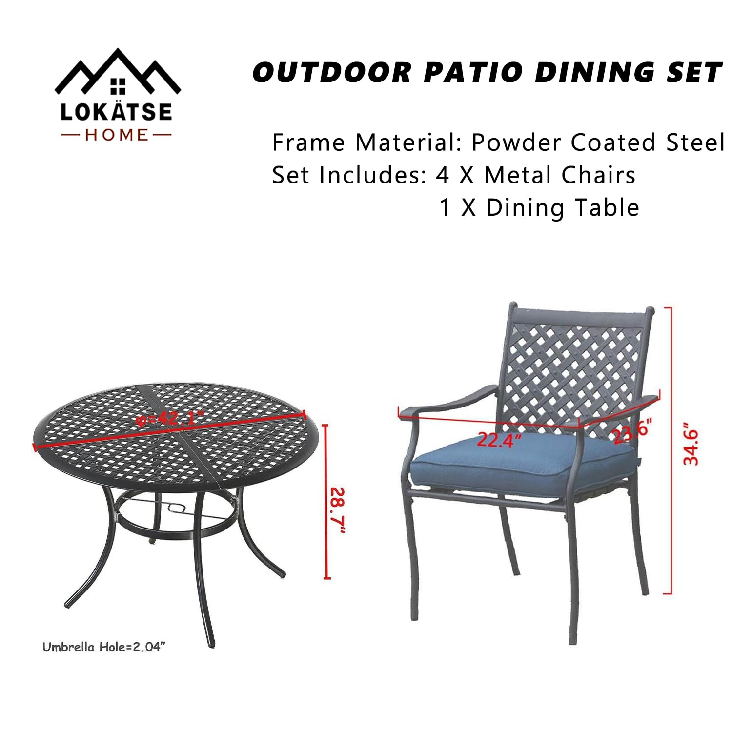 LOKATSE HOME 5-Piece Outdoor Dining Set - Metal Patio Furniture with Round Table & 4 Chairs, Umbrella Hole - Weather-Resistant Blue Deck Furniture for Backyard, Garden, Poolside & Outdoor Entertaining