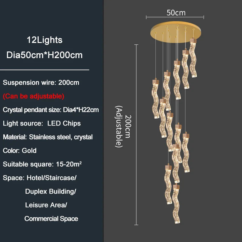 Modern Gold Long Crystal Chandelier - Elegant Hanging Light Fixture for Staircase, Hallway & Entryway - Perfect for Home Decor, Luxury Lighting & Interior Design