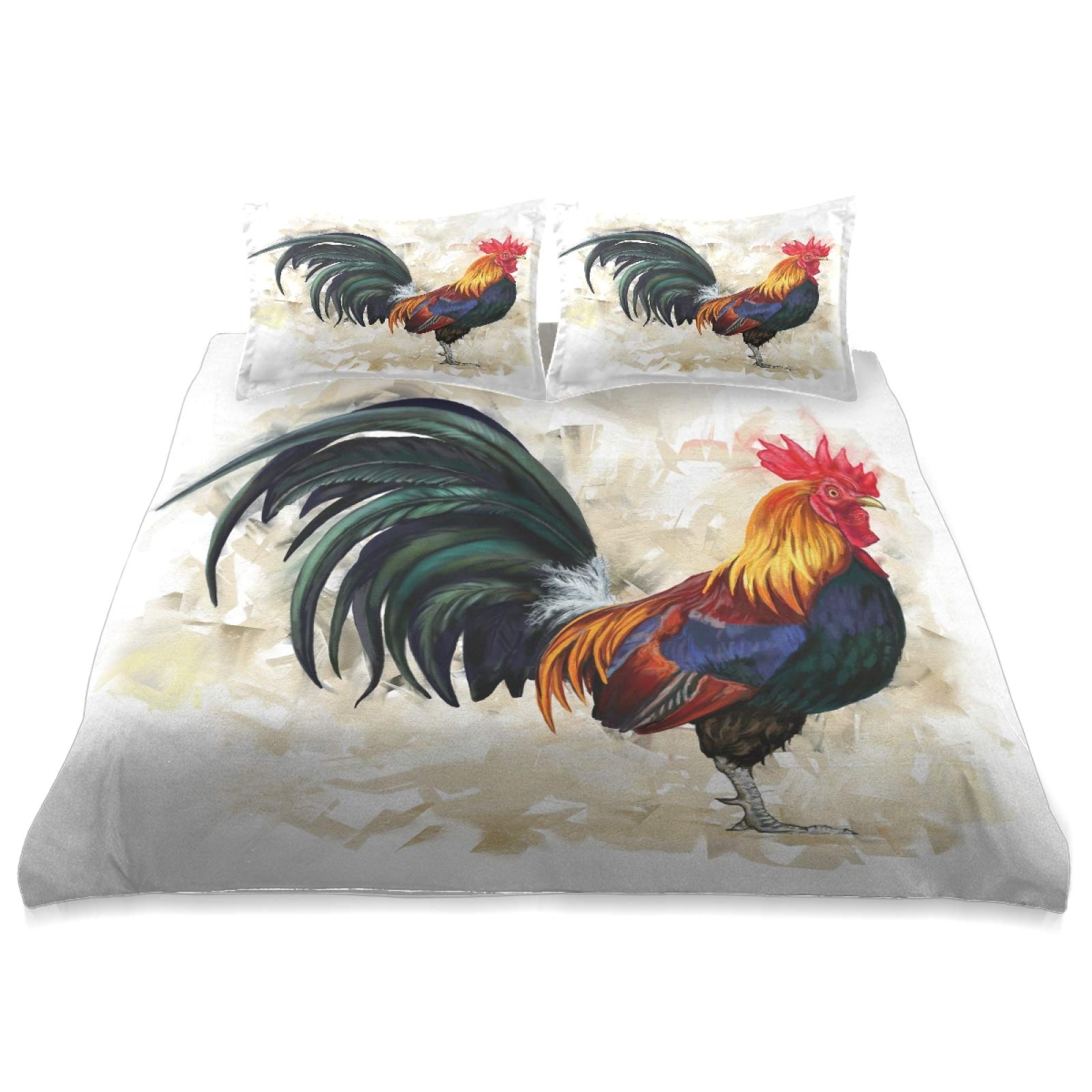 Premium King Size Watercolor Rooster Comforter Cover Set - Soft 3-Piece All Season Bedding (90