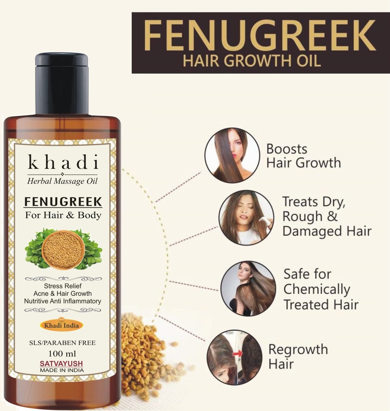 Satvayush Khadi Fenugreek (Methi) Ayurvedic Massage Oil - 100% Natural Herbal Oil for Hair Growth & Body Care | Promotes Healthy Scalp & Skin Hydration | Perfect for Daily Ayurvedic Massage & Hair Treatment