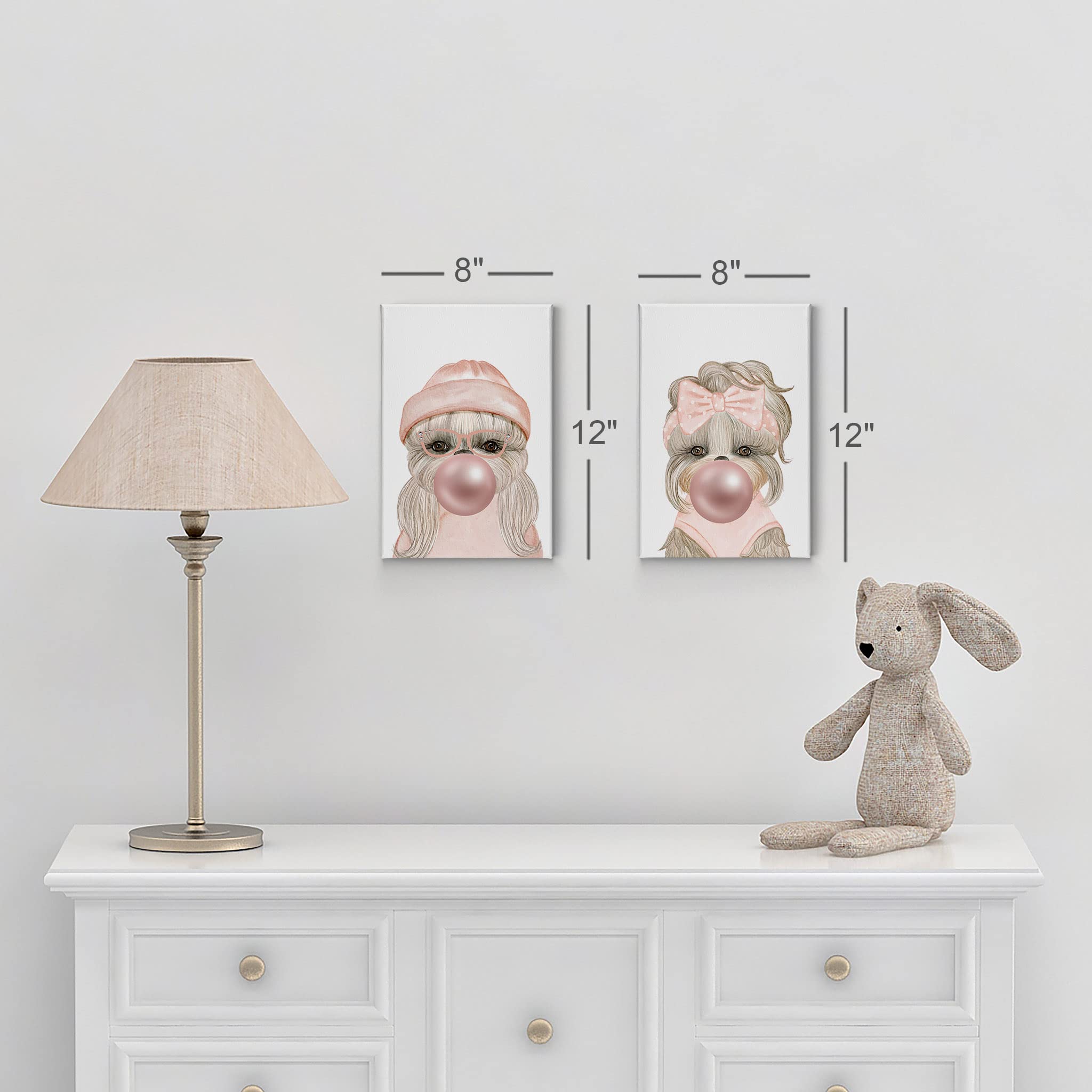 Smile Art Design Dog Portrait with Pink Hat & Ribbon Chewing Bubble Gum - 2 Panel Canvas Print Set (40x30 inches) - Pop Art Animal Wall Decor for Living Room, Bedroom, Nursery & Kids Room - Ready to Hang Home Decor