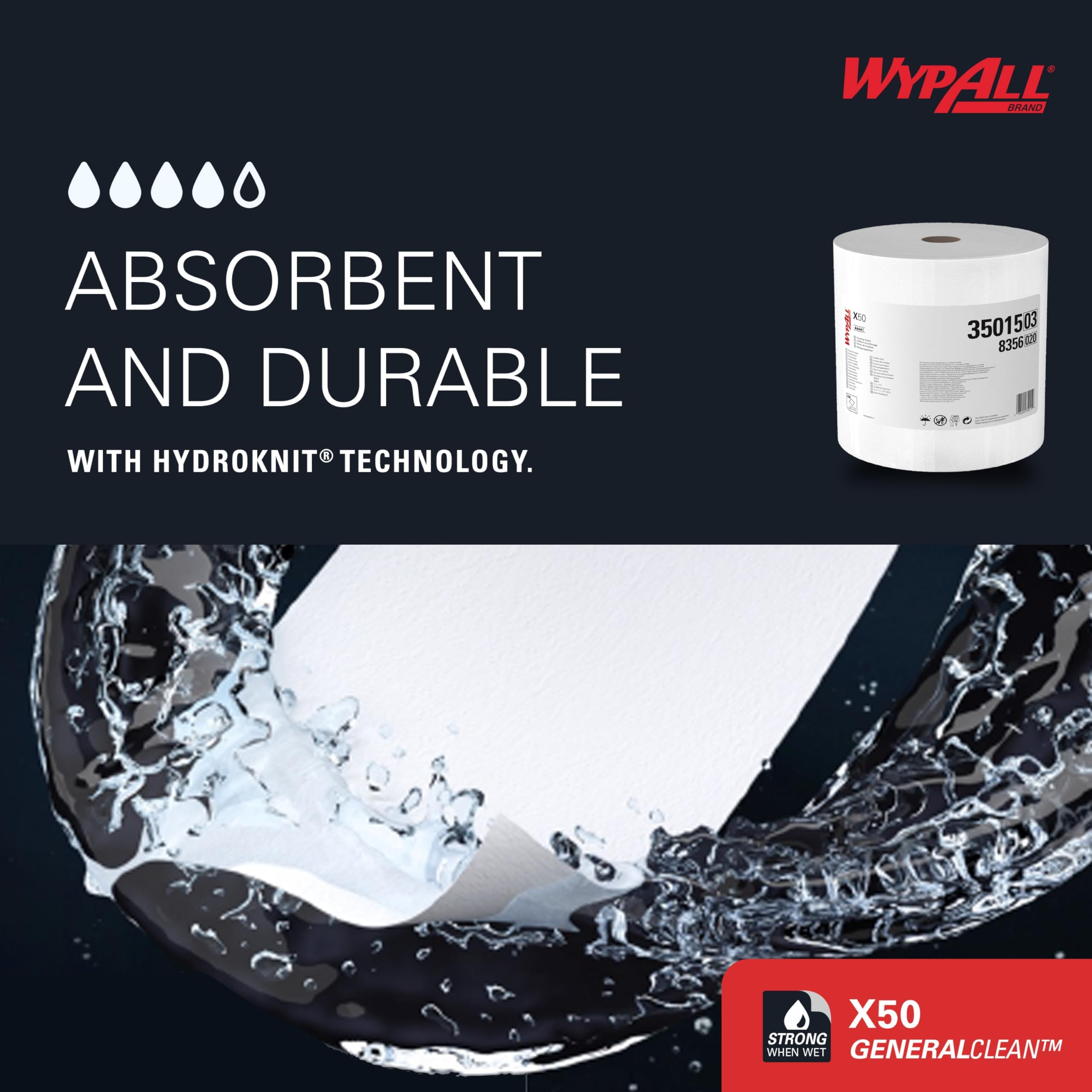 WypAll GeneralClean X50 Heavy-Duty Cleaning Wipes (35015) - Jumbo Roll with 1,100 Strong, Absorbent White Towels for Industrial & Home Use - Perfect for Workshops, Kitchens & Automotive Cleaning