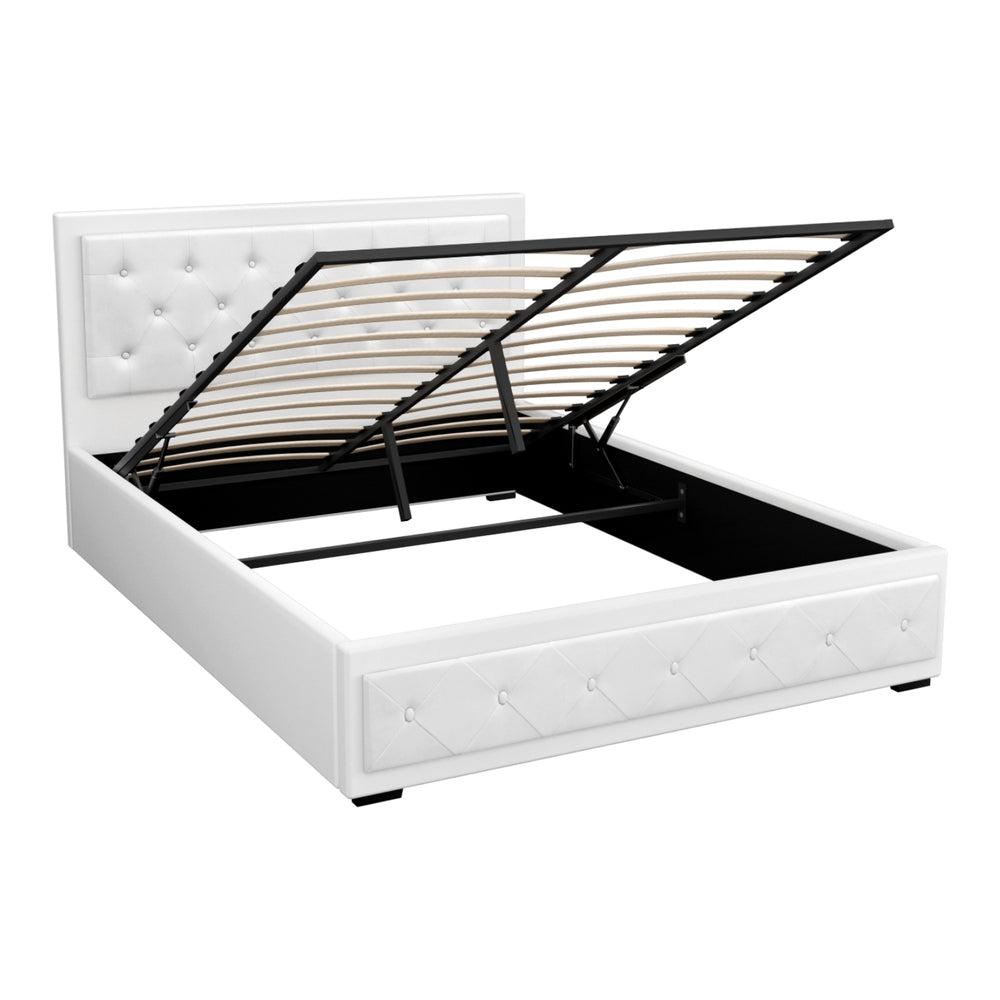 Bronte Queen Size Storage Bed Frame in White - Modern Platform Bed with Underbed Storage for Small Spaces & Bedroom Organization