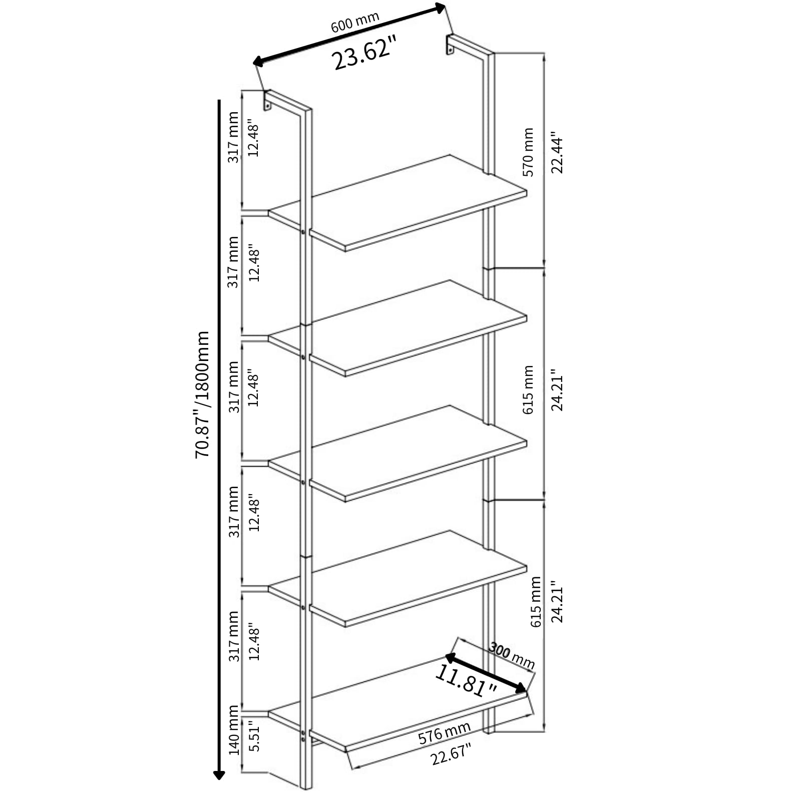 5-Tier Wall Mounted Ladder Shelf - White Metal Frame Bookcase with Open Design for Living Room, Bedroom, Office & Home Decor - 23.62