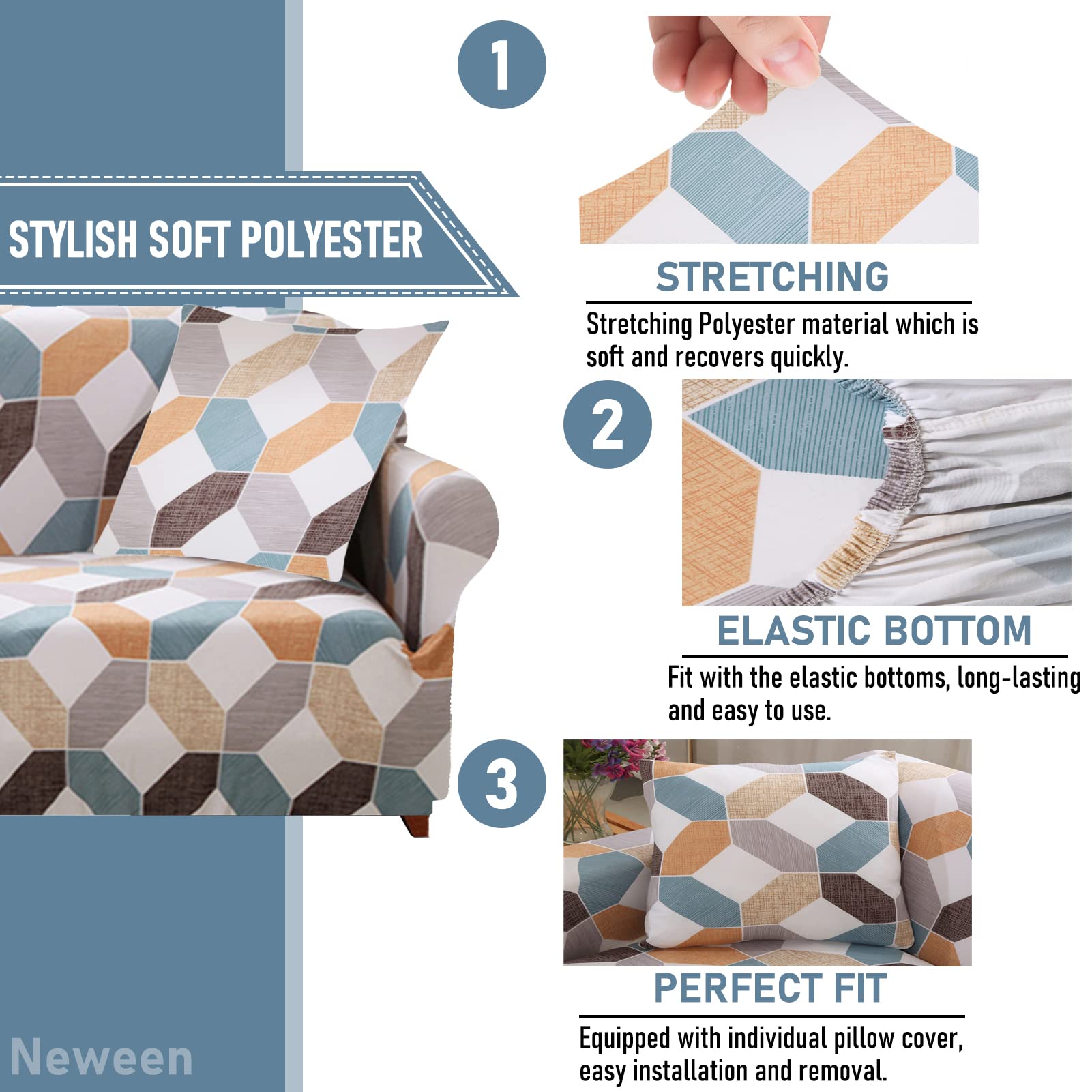Stretch Chair Sofa Cover - Printed Non-Slip Elastic Couch Slipcover with Pillowcase & Foam Sticks, Washable Furniture Protector for Kids, Universal Fit (Geometric Design) - Perfect for Living Room, Bedroom, and Home Decor Protection