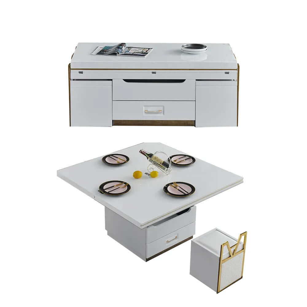 Modern White Lift-Top Coffee Table Set with Storage & Stools - Extendable Accent Table for Living Room, Small Space & Home Office