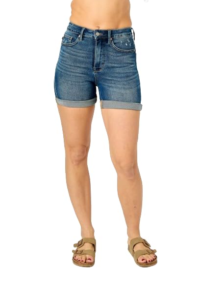 Judy Blue High Waist Tummy Control Vintage Wash Cuffed Denim Shorts for Women | Comfortable Stretch Jeans Shorts for Summer, Casual Outfits & Beach Vacations