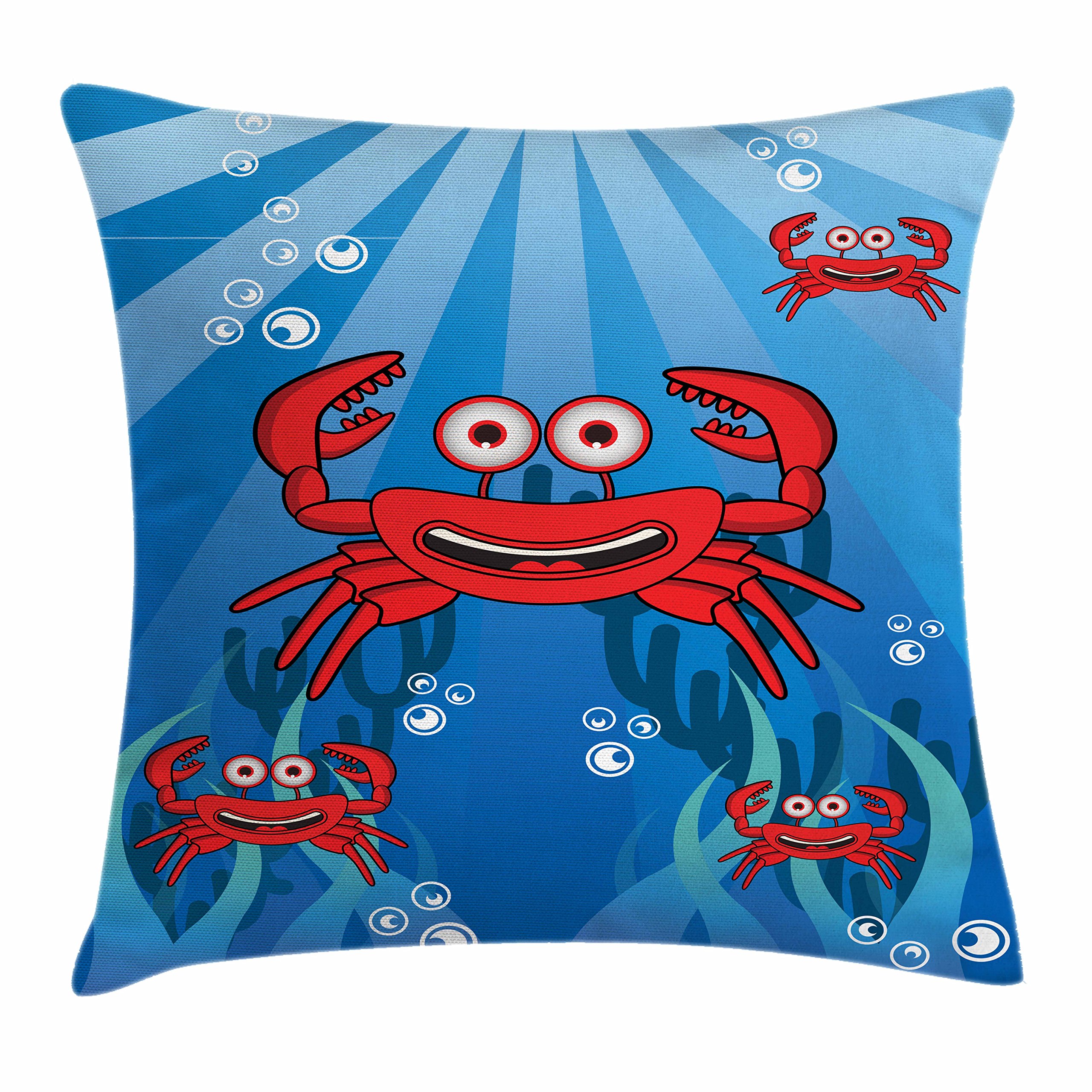 Ambesonne Funny Crab Throw Pillow Cover 18x18 Inch - Smiling Underwater Crabs with Bubbles, Coral & Sun Rays - Blue Red Decorative Square Cushion Case for Sofa, Bed, Living Room Decor