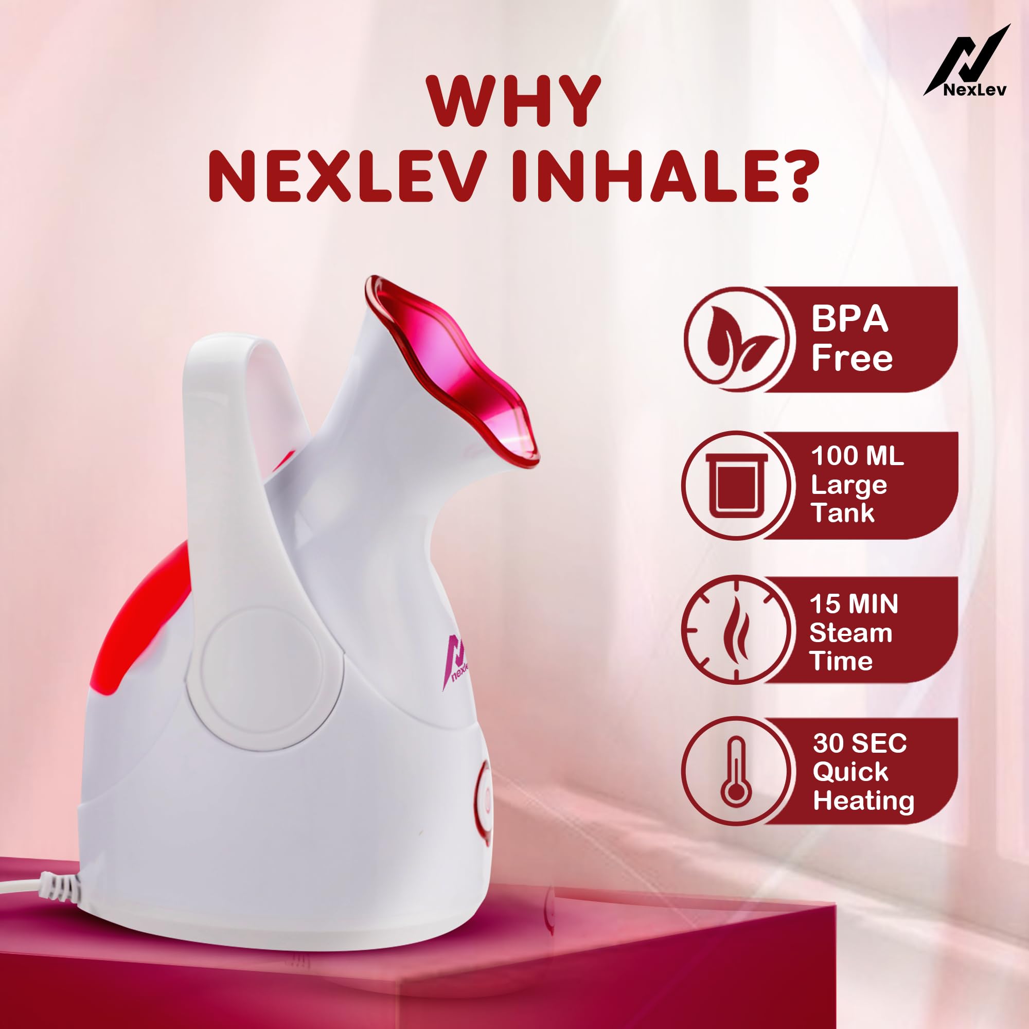 NexLev Steamer for Cold & Cough Relief - Nano Ionic Facial Steam Inhaler & Aromatherapy Vaporizer with UV Sterilization | 30-Second Fast Heating, Burn & Spill Protection | Perfect for Sinus Relief, Dry Skin Care, and Essential Oil Diffusion | Model FS-01