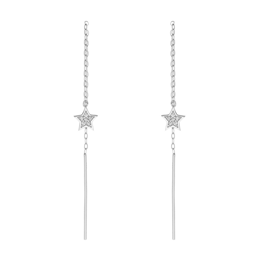 14K Solid White Gold or Rose Gold Handmade CZ Star Threader Drop Earrings - Perfect for Weddings, Parties & Special Occasions
