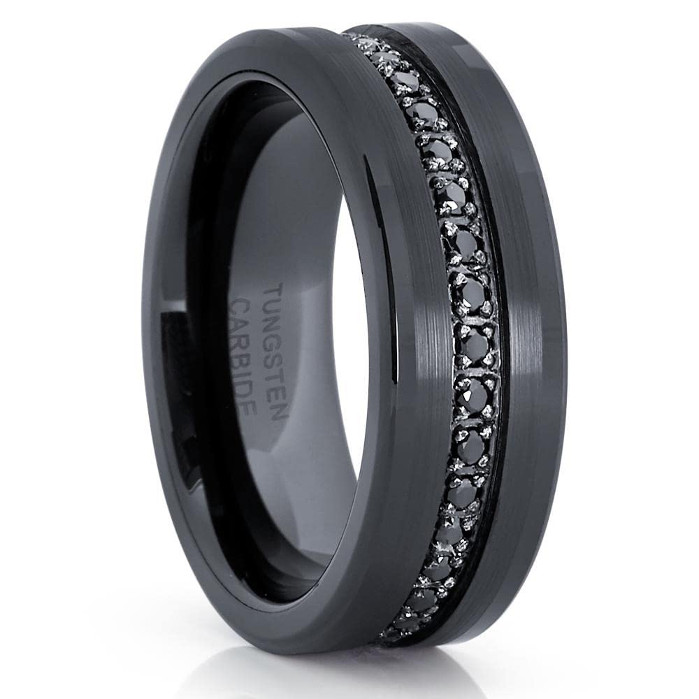 Black Tungsten Wedding Ring for Men - 8mm Black CZ Wedding Band - Durable & Scratch Resistant - Perfect for Anniversaries, Engagements & Everyday Wear