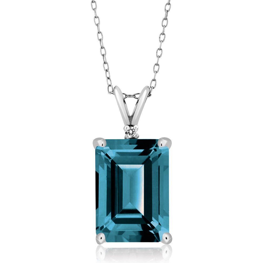 14X10MM Emerald Cut Gemstone & White Diamond Pendant Necklace for Women - 925 Sterling Silver with 18