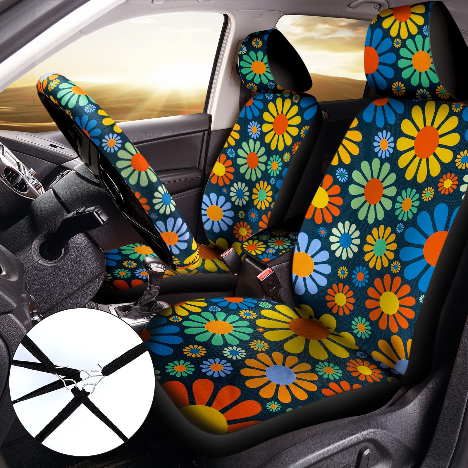 Hippie Flower Car Seat Covers 10-Piece Set - Universal Fit for Cars & Trucks - Boho Style for Women & Men