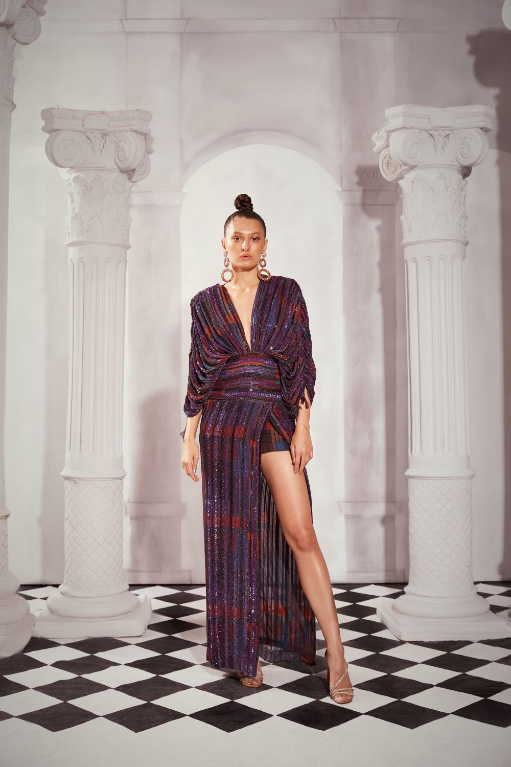 Stylish Tangerine Tile Print Embellished Slit Dress for Women - Perfect for Evening Parties, Cocktail Events & Special Occasions