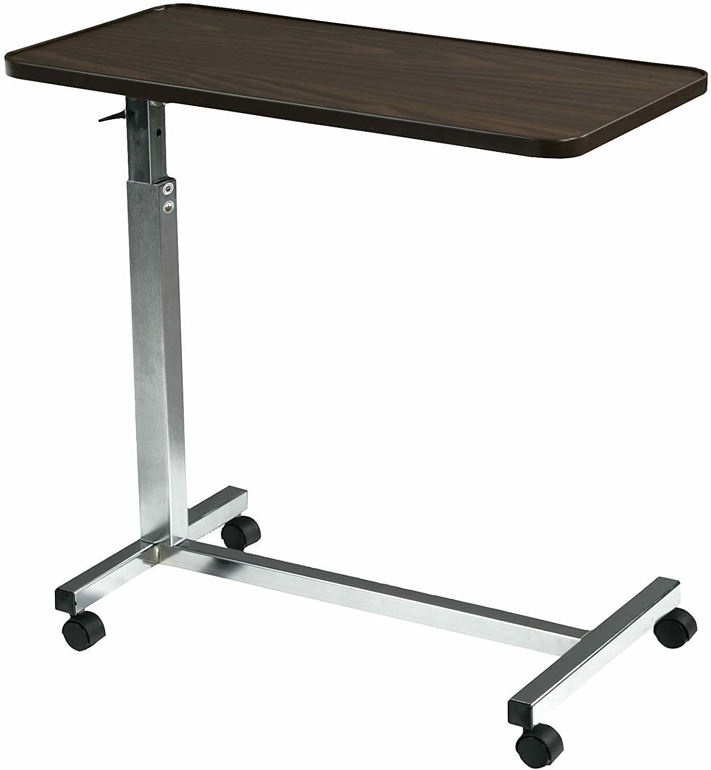 Adjustable Overbed Table with Wheels - Chrome Fabric Bedside Tray for Laptop, Food & Drinks - Perfect for Wheelchair, Hospital, Home Office & Bed Use