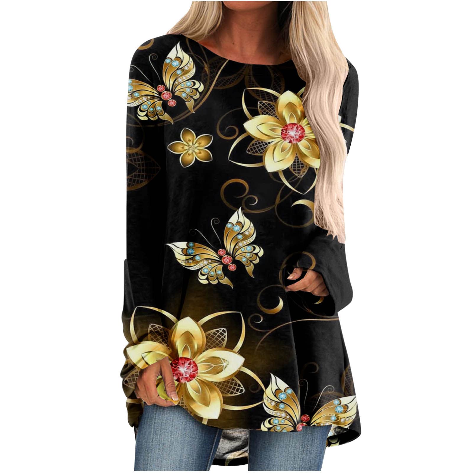 Women's Flowy Butterfly Print Tops - Stylish Round Neck Long Sleeve Blouses & Crewneck Jumper T-Shirts | Perfect for Casual Wear, Office Outfits and Spring Fashion